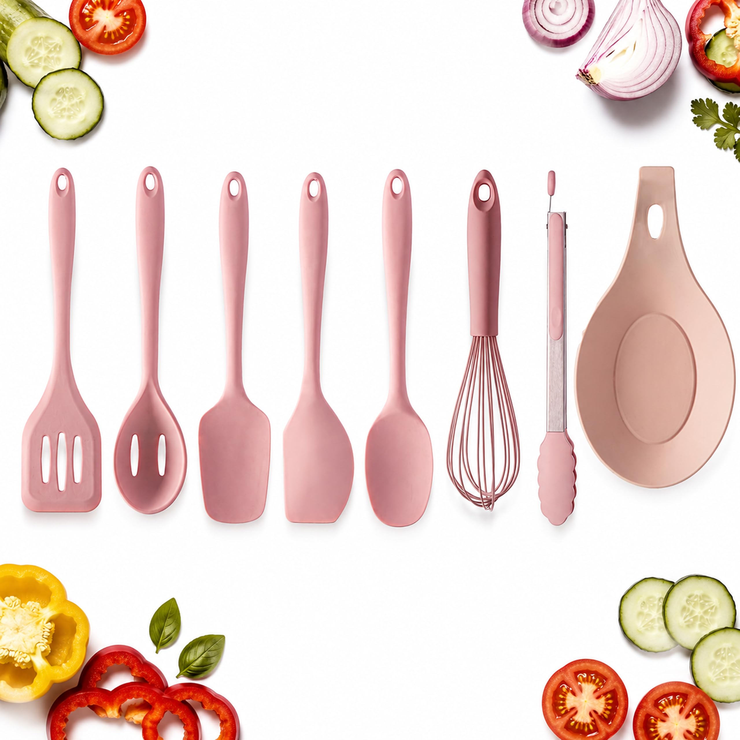 Premier Housewares - Juego de cocina de silicona antiadherente (8 piezas), color rosa claro