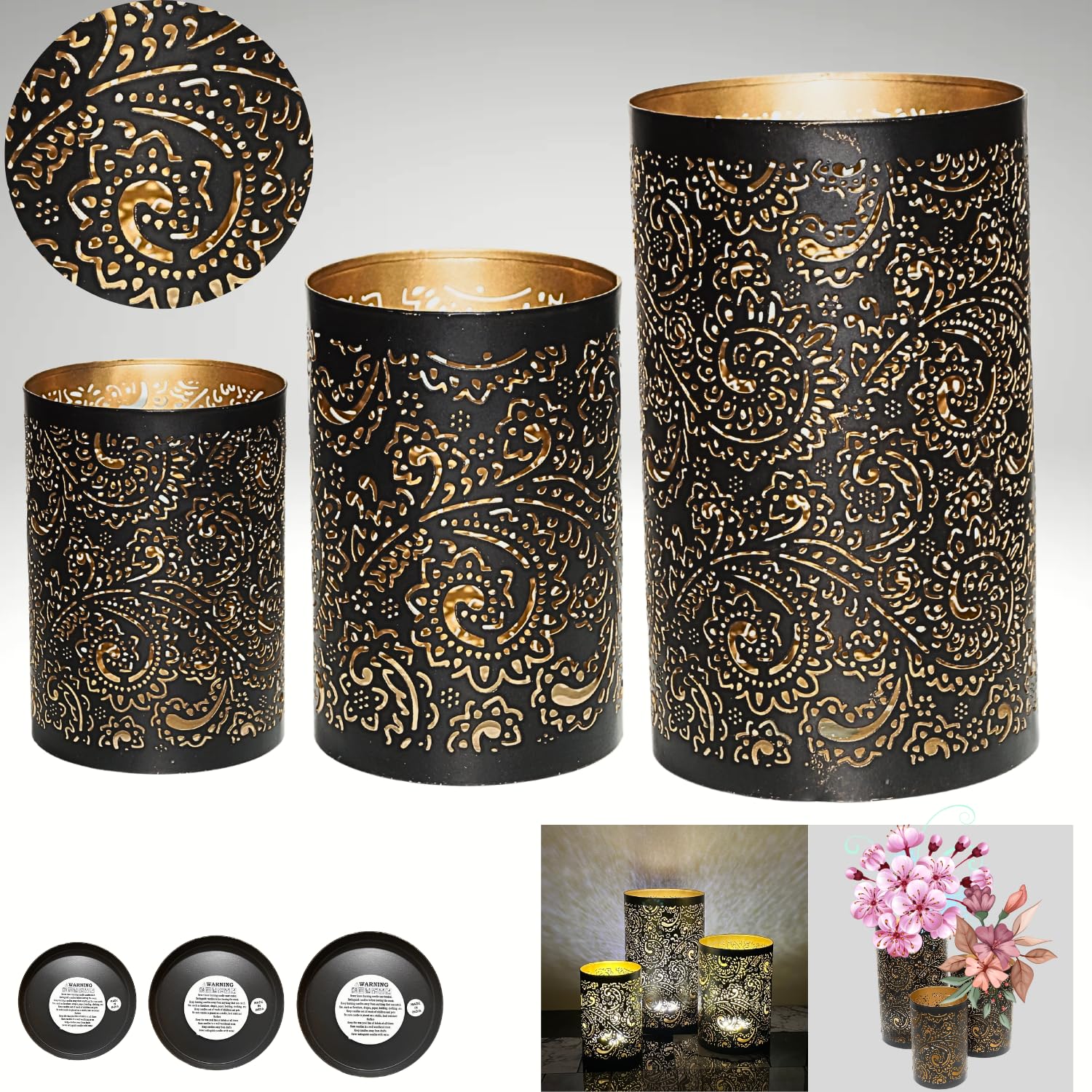 Arabic Hurricane Candle Holders Set of 3 – Gold Metal Pillar Candle Lanterns for Table, Living Room & Festive Home Décor | Black Gold Centerpieces Metal Hurricane Floral