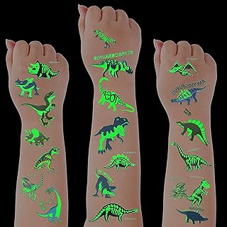 Luminous Dinosaur Temporary Tattoos for Kids Party Supplies Glow in The Dark Dinosaur Tattoos Sticker Cartoon Jungle Waterproof Dino Temporary Tattoos for Boys Girls Party Supplies (Glow Style)