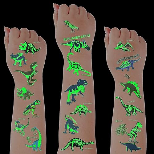 Zonon 90 piezas de tatuajes temporales de dinosaurio luminoso, tatuajes temporales, calcomanías brillantes de dibujos animados, tatuajes de selva,