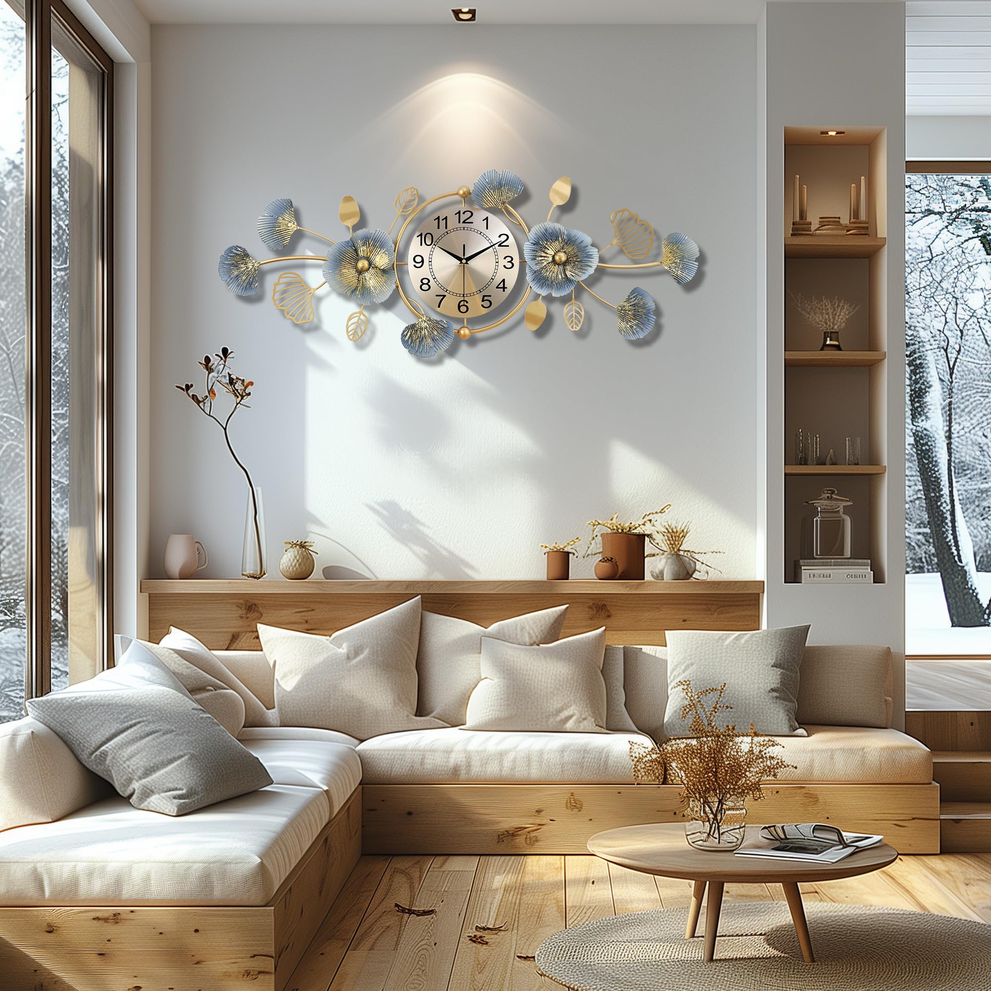 Lafocuse Horloge Murale Or Grande Métal, Ginkgo Biloba Décoration Silencieuse Pendule Murale Moderne Nordic, Design Créative pour Salon Chambre Bar 95x36cm