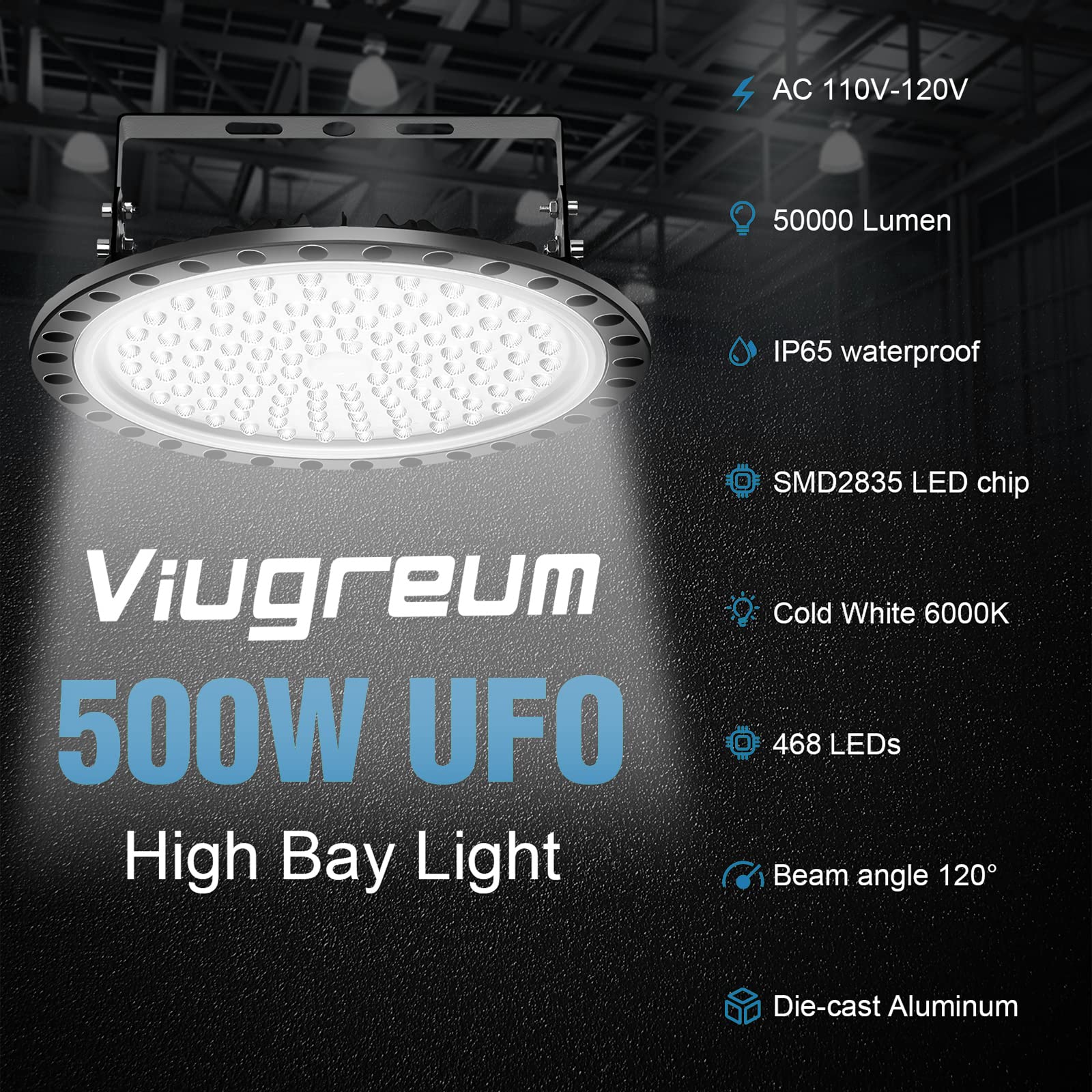 Viugreum UFO LED High Bay Light 500W 50000LM 5500K UFO Light Warehouse Lighting IP65 Waterproof LED Lights Commercial — view 8