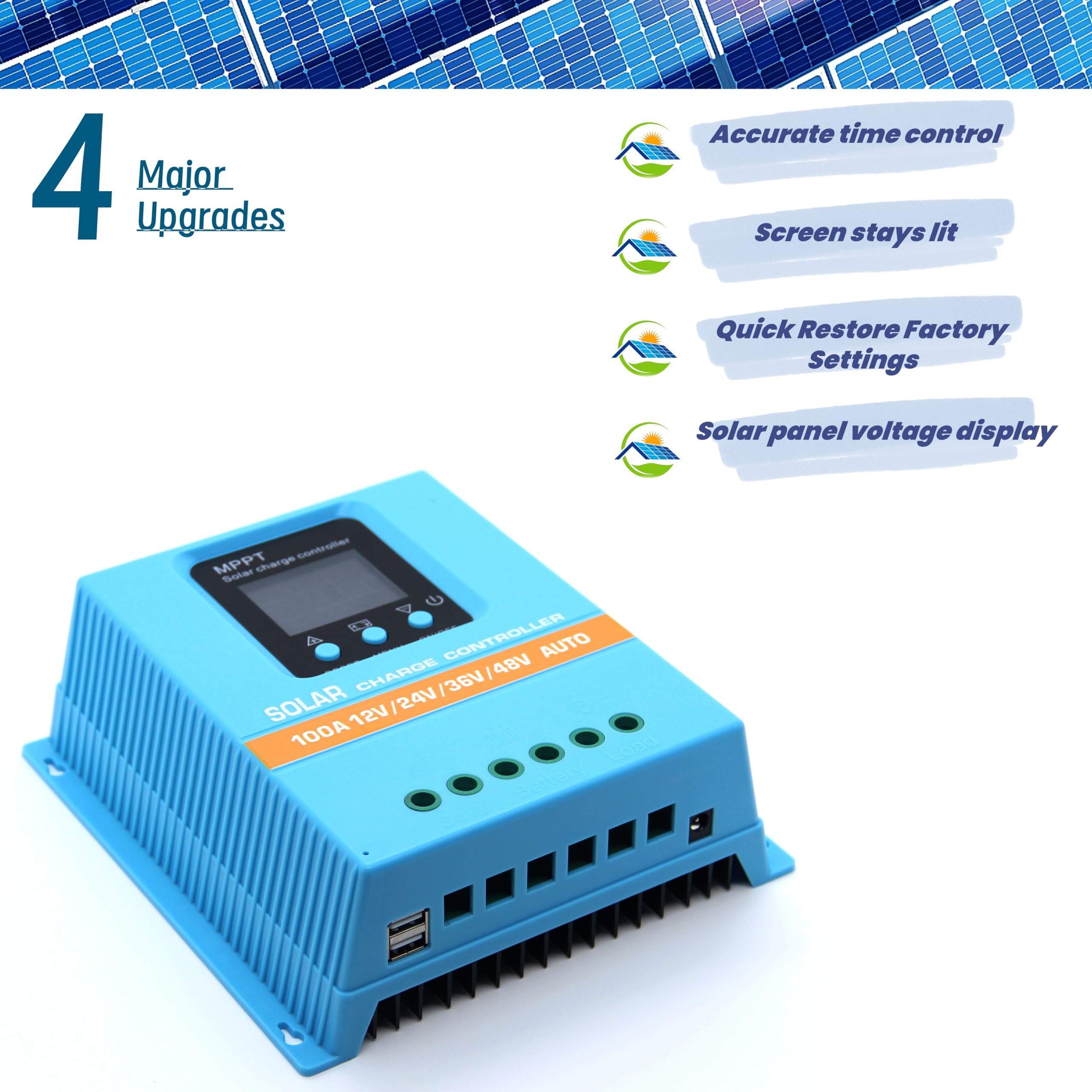 Verbesserter 100 A MPPT Solarladeregler, 12 V, 24 V, 36 V, 48 V, LCD-Display, Akku, intelligenter Regler, max. 100 V Eingang, Dual-USB für Blei-Säure/Lithium