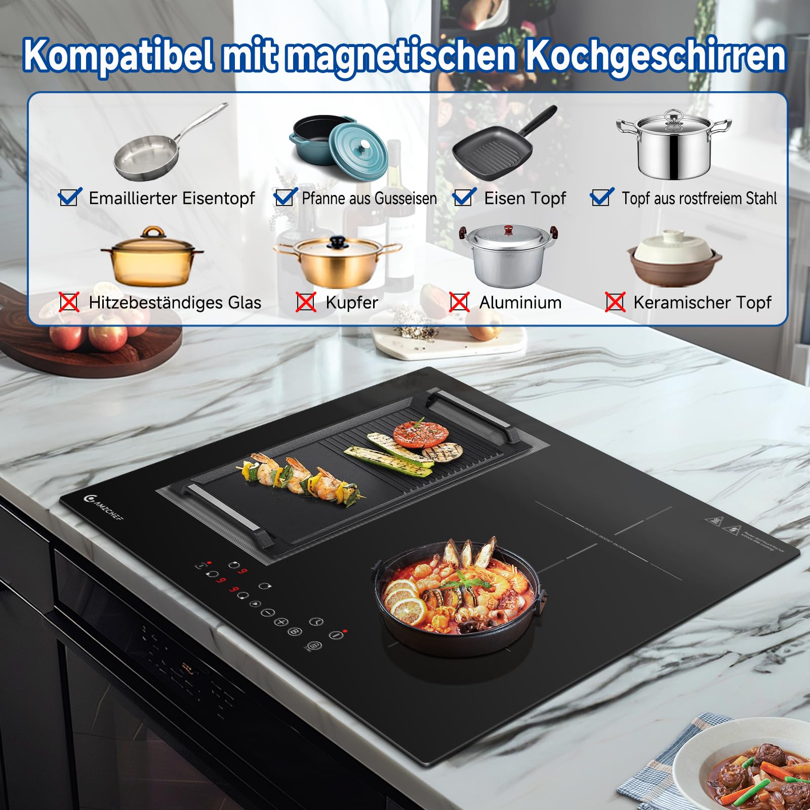 AMZCHEF Induktionskochfeld 60cm mit Flexzonen, 4 Zonen Induktionskochplatte mit Boost-Funktion und 9 Leistungsstufen, Pausenfunktion, Timer, Sicherheitsschloss, Überhitzungsschutz, BBQ, 7200W