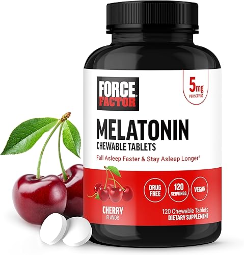 Miniatura 1 de FORCE FACTOR Melatonina masticable de 5 mg, suplemento sin medicamentos, vegano, sin OMG, sabor a cereza, 120 tabletas