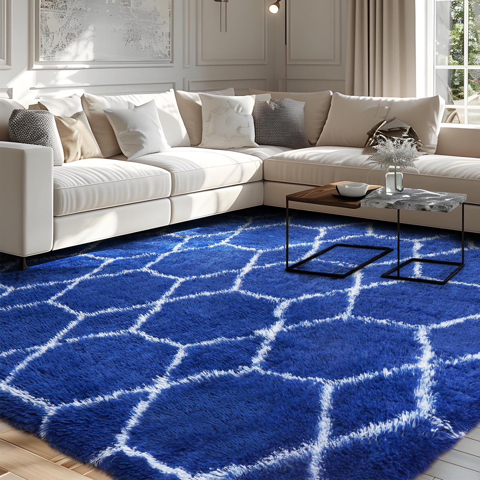 FVVRAX Plush Shaggy Rugs Living Room, 200x230cm Large Blue and White High Pile Rug for Bedroom Kids Room, Non-Slip Fluffy Geometric Line Floor Carpet Mats, Low Shedding — image 1