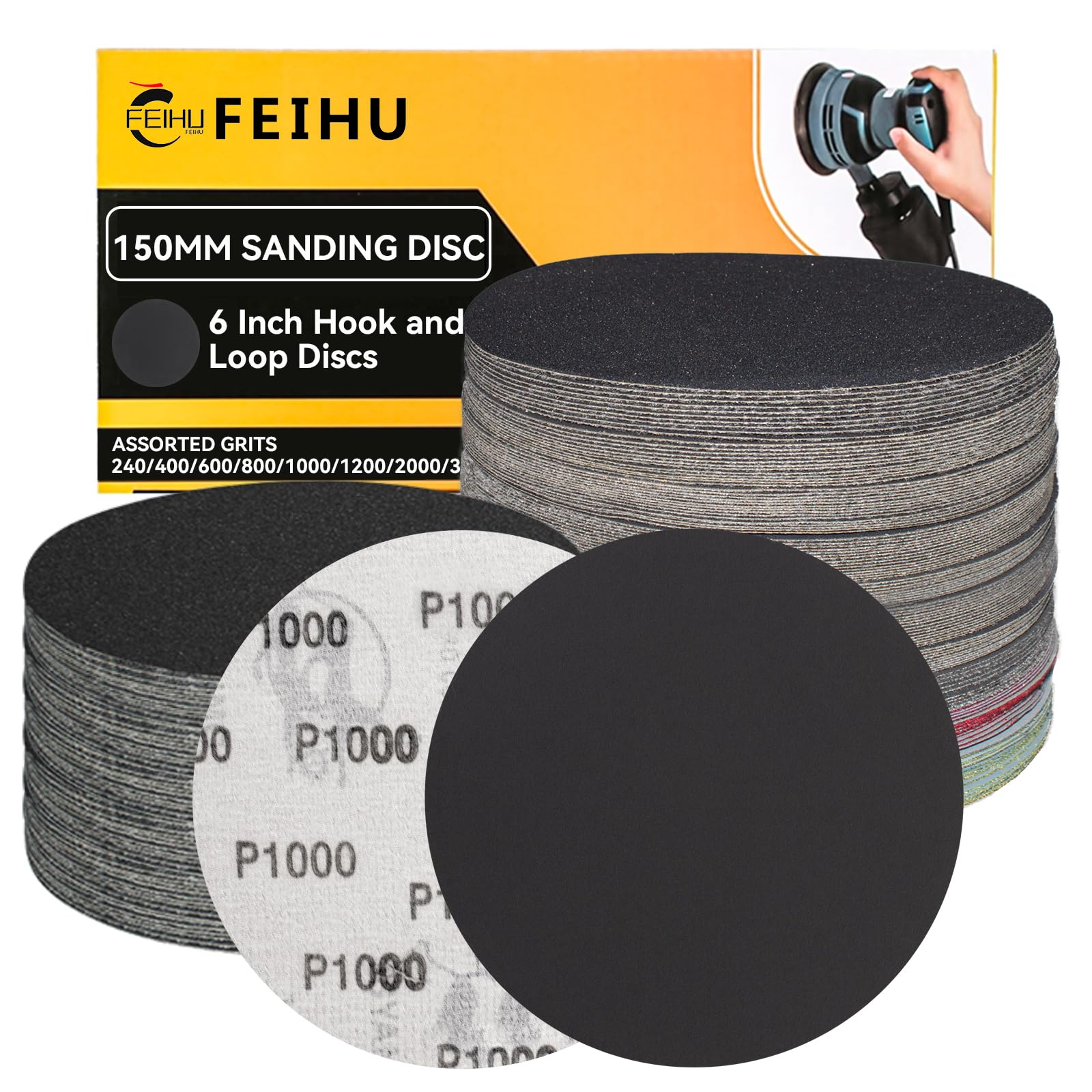 FEIHU 30PCS 1000 Grits Sanding Discs 150mm, 6 Inch Hook and Loop Sanding Pads for Circular eccentric sander and suitable for sanding wood and polishing metal