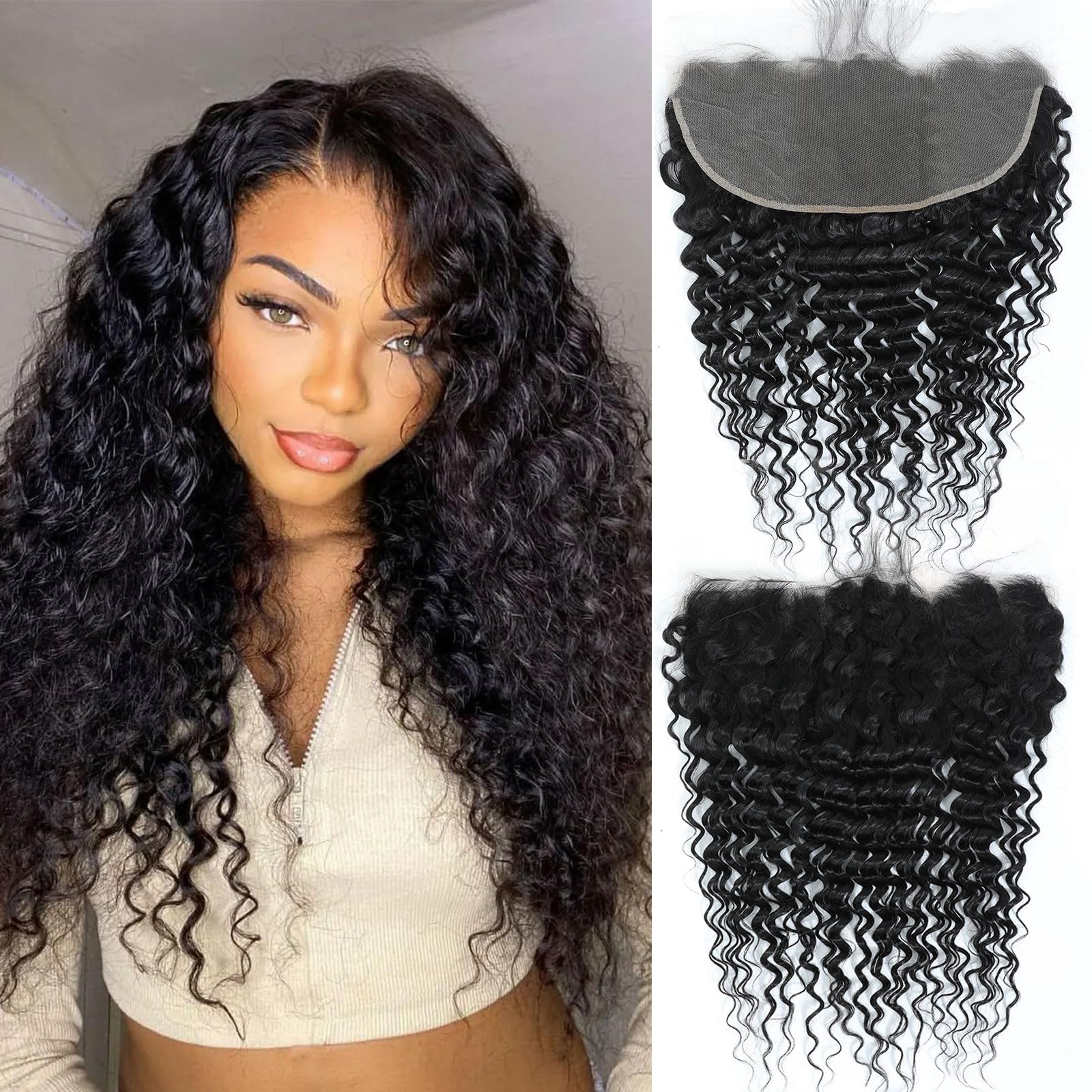 DSEKCAIN 13x6 Frontal Deep Wave HD Lace Frontal 13x6 Deep Wave 22 Inch Human Hair Curly Transparent HD Lace Closure 100% Raw Virgin Human Hair Ear to