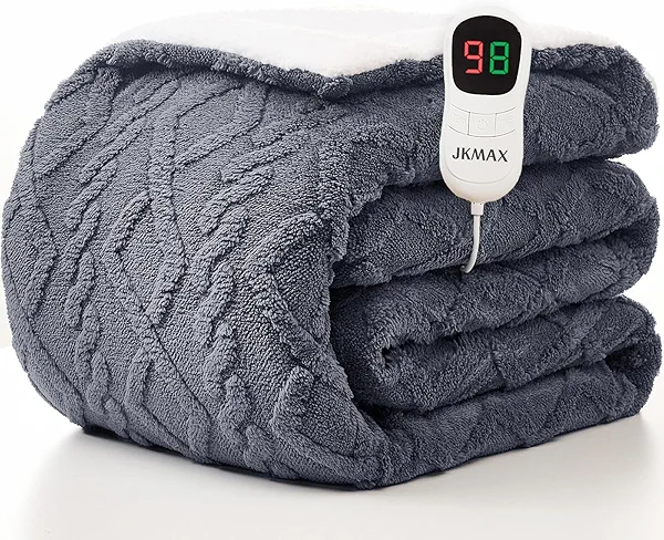 JKMAX Heated Electric Blanket Full Size-72"x84" Heating Blanket with 10 Heating Levels & 5 Time Settings Over-Heat Protection，Winter Warmer for Adults with ETL Certification（Grey）