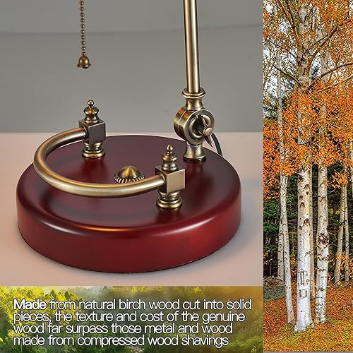 Miniatura 3 de Lámpara de escritorio verde tradicional con base de madera de abedul maciza, lámpara de biblioteca antigua de vidrio verde con interruptor de cadena