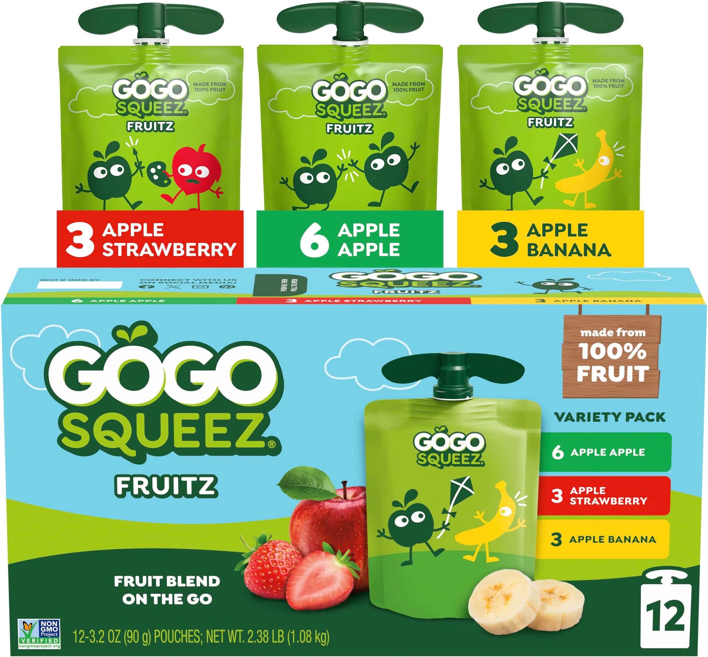 Applesauce and Fruit Puree, Apple, Strawberry, & Banana, 3.2 oz (Pack of 12), Unsweetened Fruit Snacks for Kids, Gluten Free, Nut Free, BPA Free Pouches (Packaging May Vary)