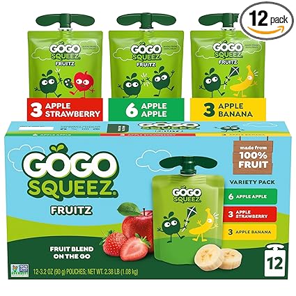 GoGo squeeZ Applesauce and Fruit Puree, Apple, Strawberry, & Banana, 3.2 oz (Pack of 12), Unsweetened Fruit Snacks for Kids, Gluten Free, Nut Free and BPA Free Pouches (Packaging May Vary)