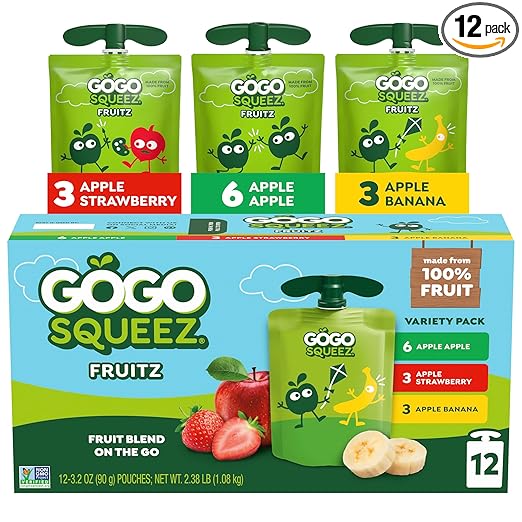 GoGo squeeZ Applesauce and Fruit Puree, Apple, Strawberry, & Banana, 3.2 oz (Pack of 12), Unsweetened Fruit Snacks for Kids, Gluten Free, Nut Free and BPA Free Pouches (Packaging May Vary)