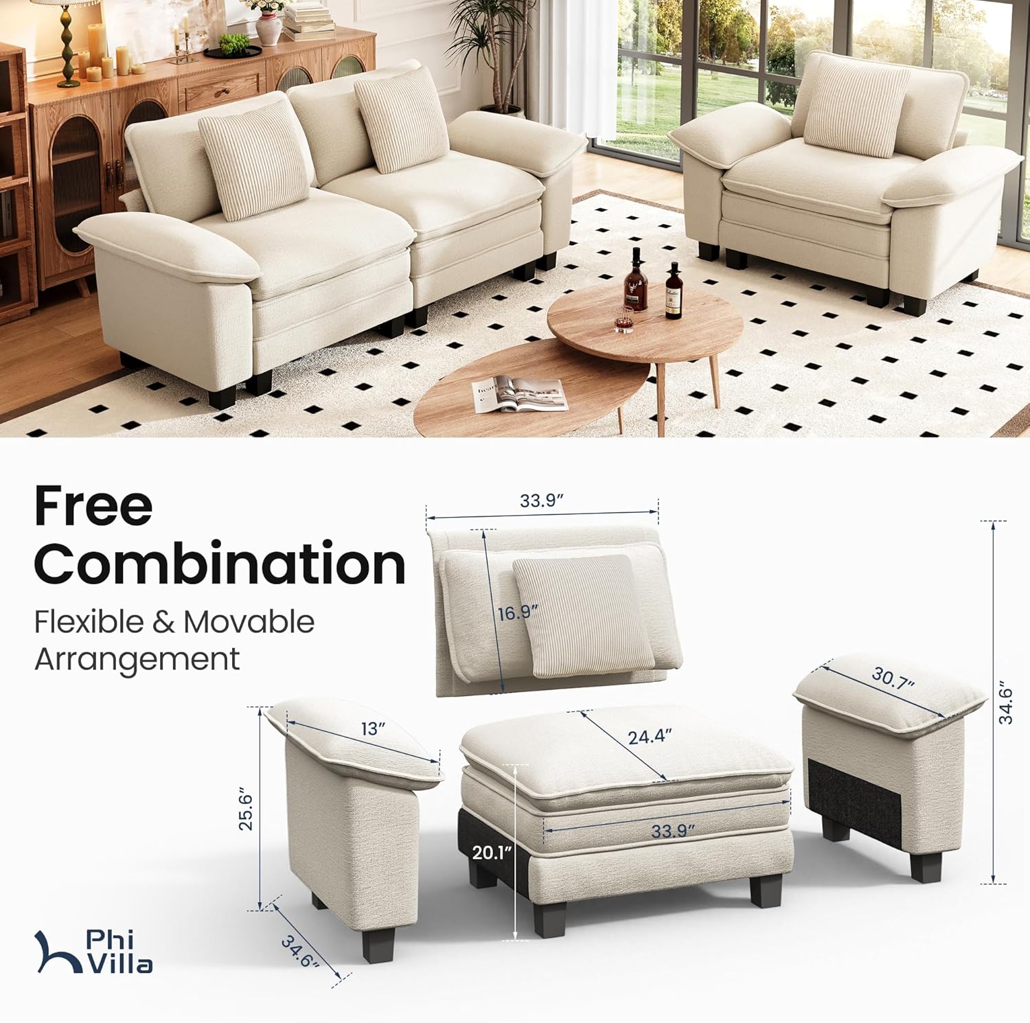 PHI VILLA Cloud Modular Couches Sets, 2 Pieces Sectional Sofa Set with Loveseat, 3-Seater Comfy Couch for Living Room Apartment, Chenille Fabric, Beige