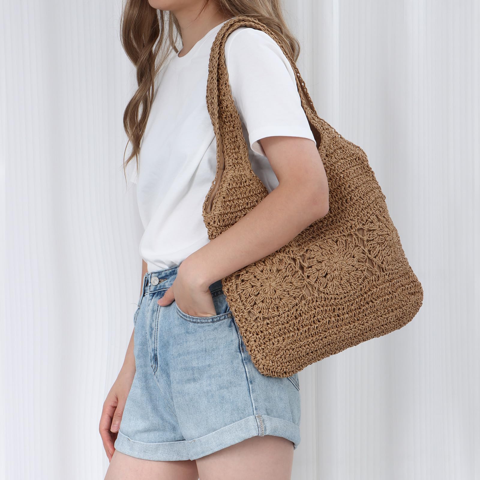 EVEOUT Bolso de hombro Paja para Mujer Verano Bohemio Ligero Grande Shopper Tejido Bolso Tote Rafia para Playa Vacaciones