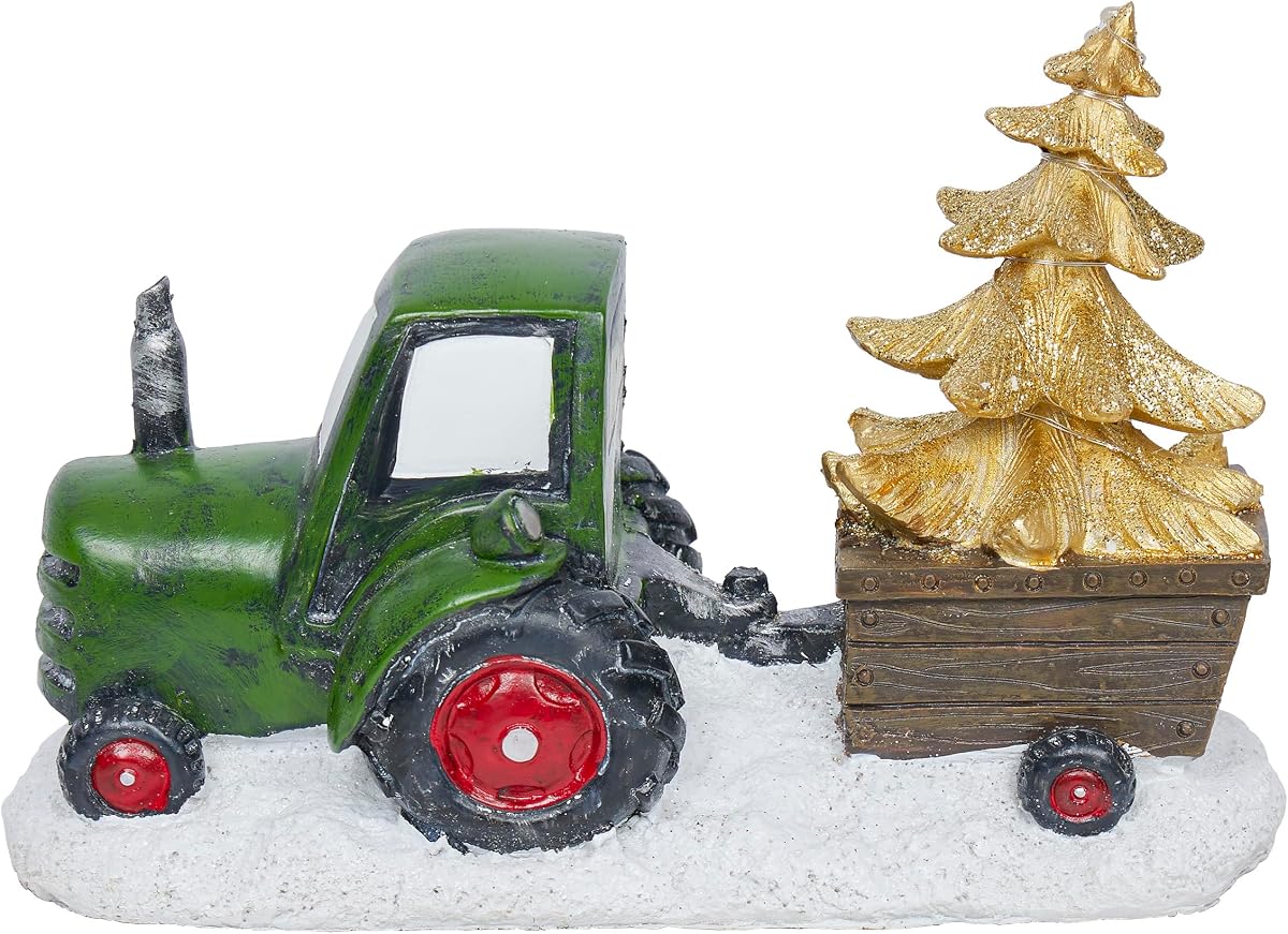 Estatua de árbol dorado con tractor verde festivo de 7 pulgadas de alto con luces LED blancas cálidas, decoración navideña para mesa, estante, repisa o exhibición de entrada
