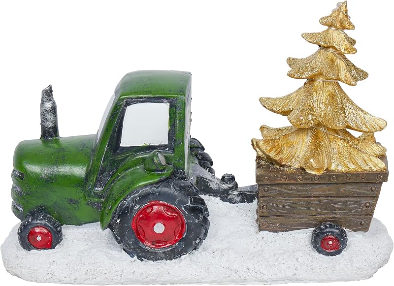Estatua de árbol dorado con tractor verde festivo de 7 pulgadas de alto con luces LED blancas cálidas, decoración navideña para mesa, estante, repisa o exhibición de entrada