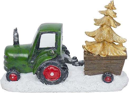 Alpine Corporation 7" Tall Holiday Green Tractor Pulling Gold Tree Statue with Warm White LED Lights, Christmas Decoration for Tabletop, Shelf, Mantel, or Entryway Display