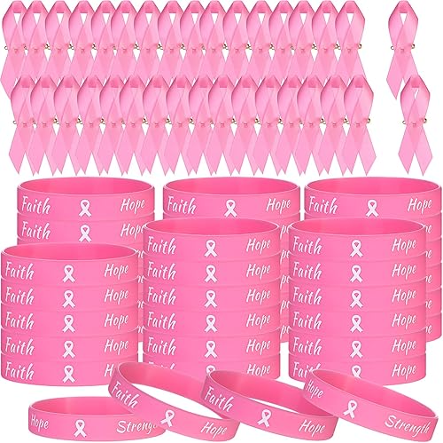 Sratte 400 pines de solapa para concientización del cáncer de mama y pulseras de cinta rosa, 200 pulseras de goma, 200 pines de cinta rosa,