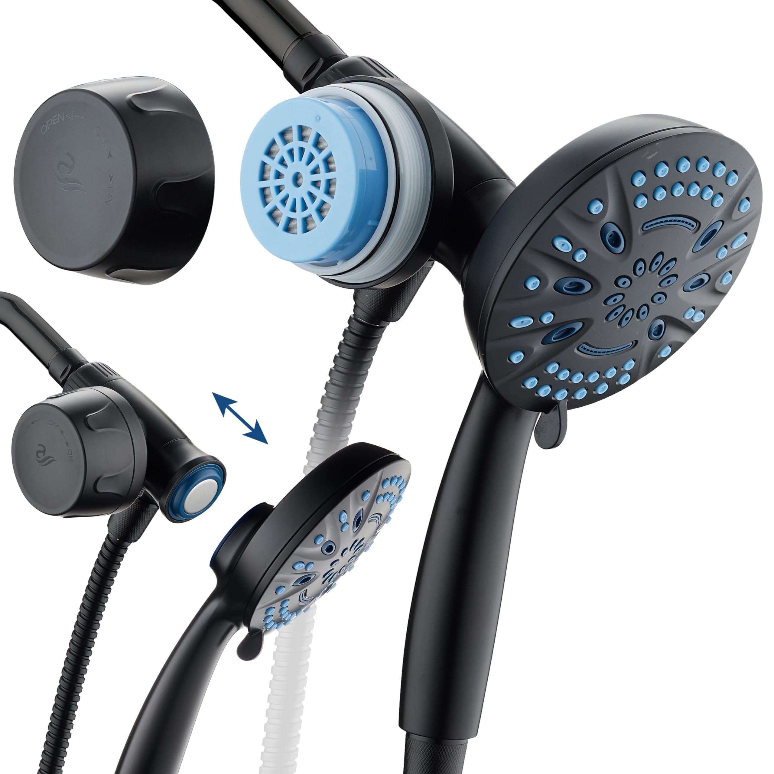 AquaCareMagneton 8-setting Magnetic Docking Hand Shower with Built-in Shower Filter - ON/OFF Filtration Modes, Instant Cartridge Reload, Stay-Clean KDF Cartridge, 7 ft. Steel Hose, Matte Black