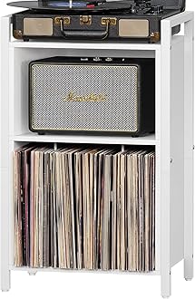 YAHARBO Record Player Stand, 3-Shelf Vinyl Record Holder with Storage, White Record Stand, Vintage Turntable Stand Holds Up to 100 Albums,Record Table with Handle for Living Room,Bedroom