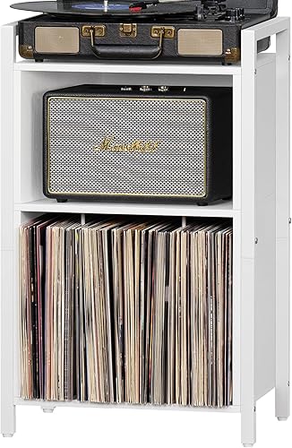 YAHARBO Soporte para tocadiscos, soporte para discos de vinilo de 3 estantes con almacenamiento, soporte para discos blanco, soporte para tocadiscos