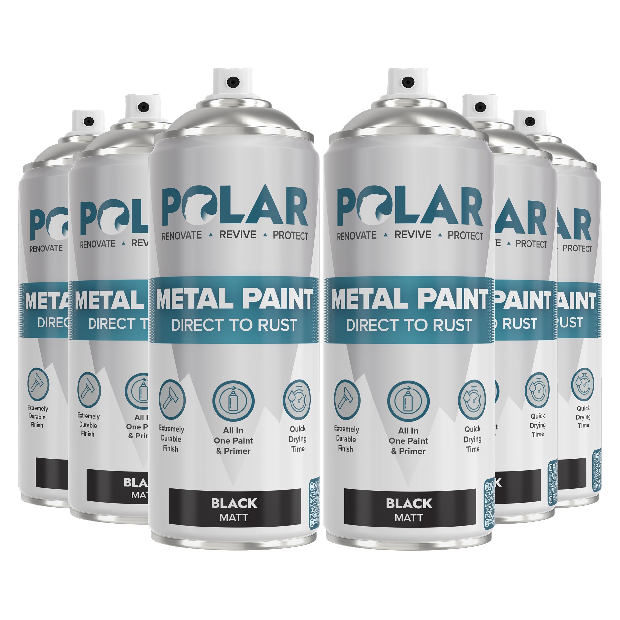Polar Matte Black Direct to Rust Spray Paint - 6 x 13.5fl oz - Protect and Stop Rust & Corrosion - Primer, Undercoat, Topcoat - Quick Dry Formula - Ideal for Metal, Wood, Plastic and Ceramic Surfaces