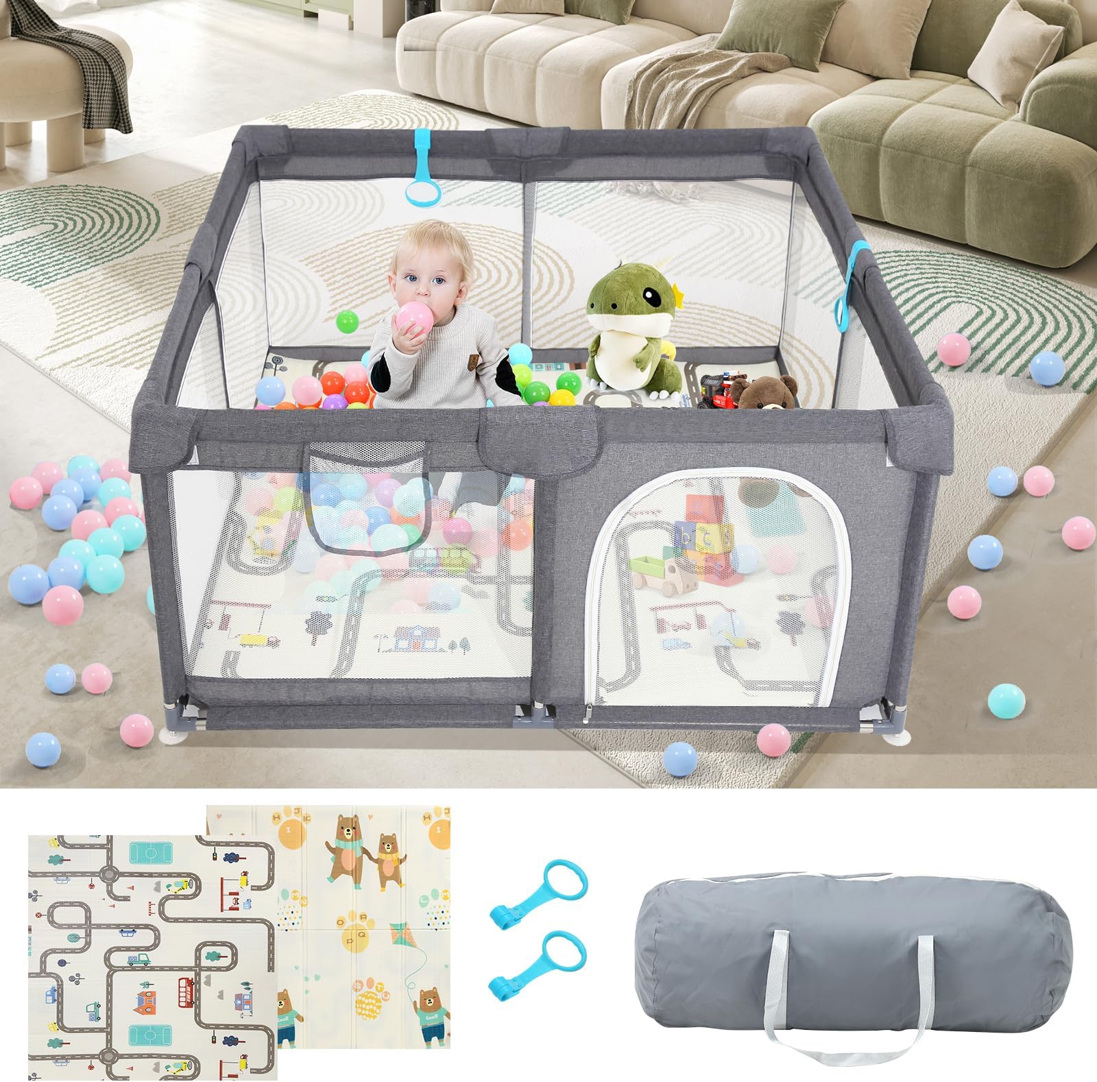 Rafairy Baby Playpen with XPE Mat, 130x130cm Playpen for Babies and