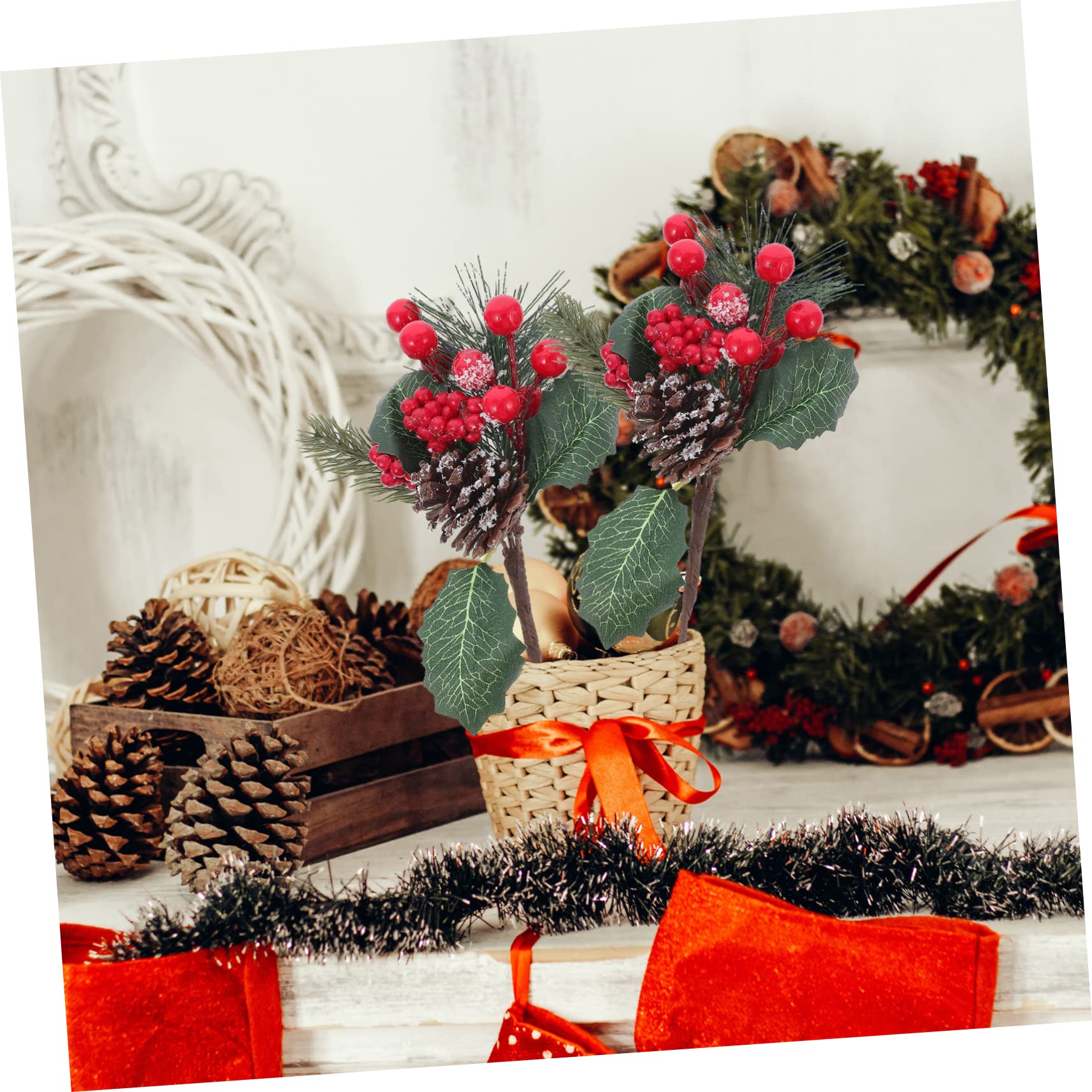 Cabilock 8 Uds De Agujas De Pino Esquejes De Frutas Rojas Pino Decorativo De Navidad Selecciones De Flores De Navidad Selecciones De Pino Decoración De Navidad Simulación De Piñas