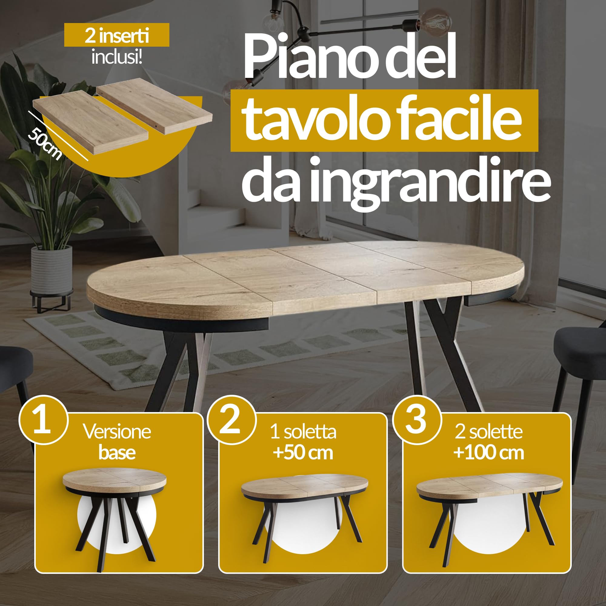 Tavolo Rotondo Allungabile EVO - Tavolo da Pranzo Allungabile - Piano in laminato da 36 mm - Gambe Solide - Diametro da 90 cm a 190 cm Lancelot
