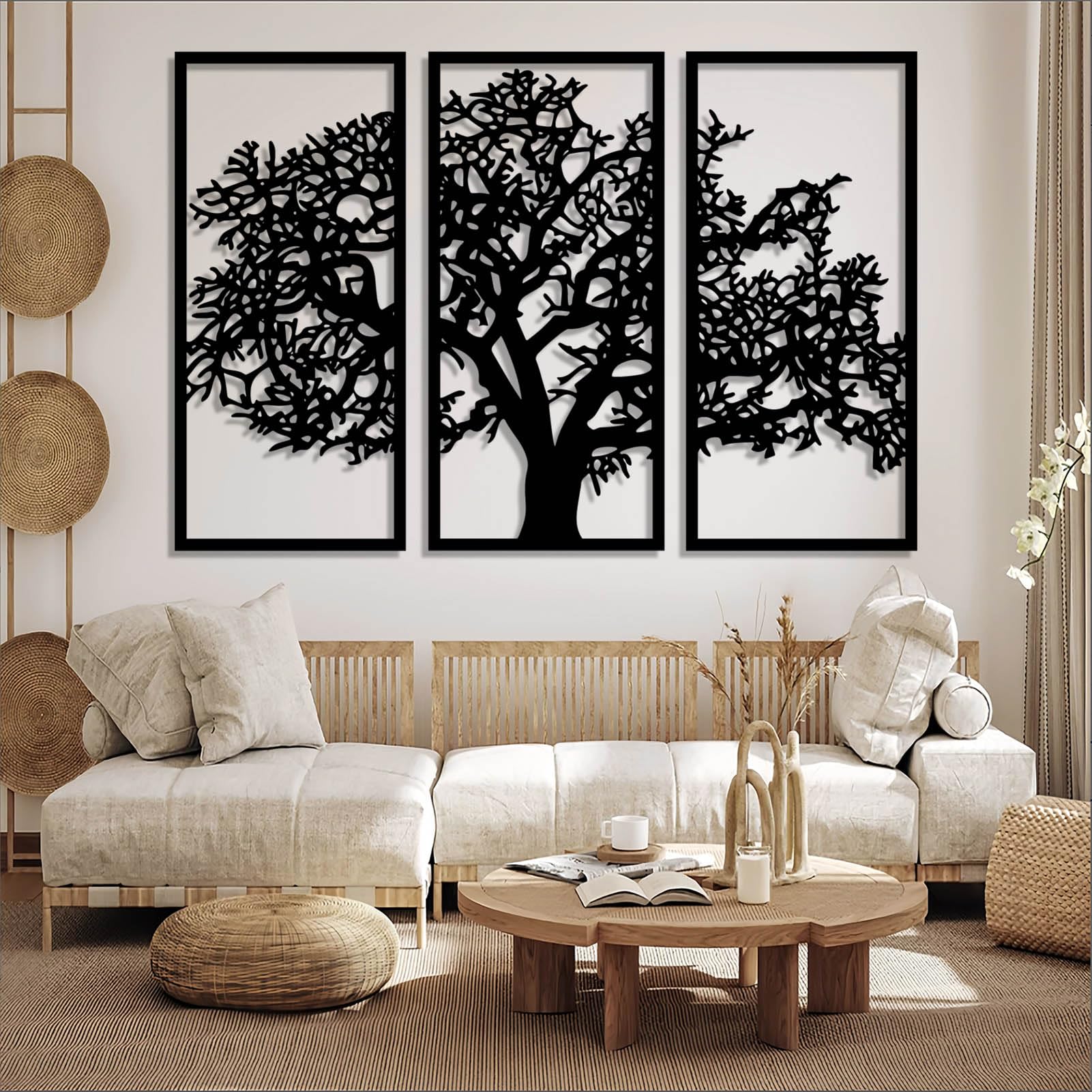Arte de Pared de Metal decoración de Pared árbol de la Vida Negro de 3 Paneles árbol genealógico Regalo Grande árbol de la Vida decoración de Trabajo Escultura Moderna para Sala de Estar Dormitorio p