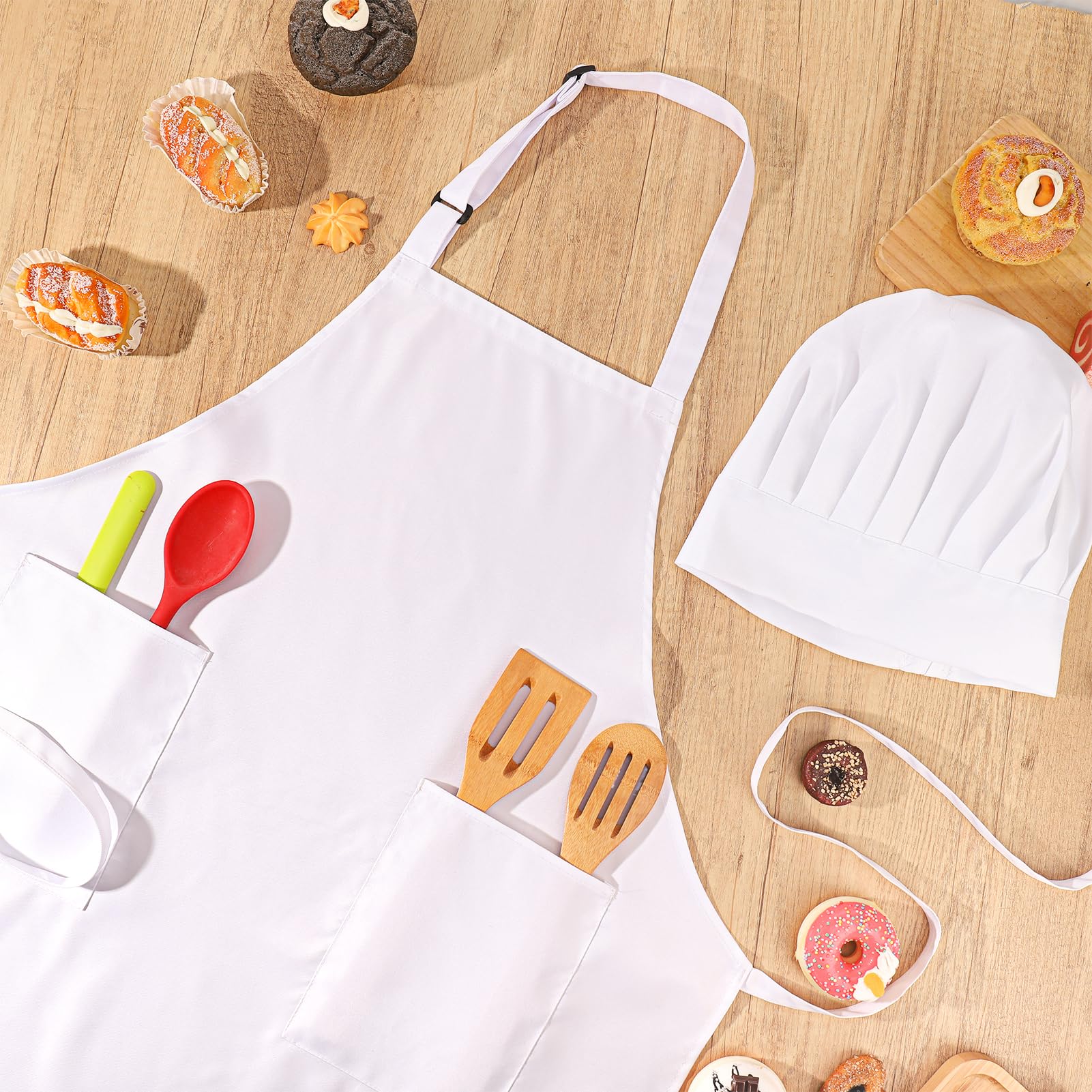 Paquete de 2 delantales y sombrero de chef, delantal ajustable de alta cocina, impermeable, delantal de cocina, sombrero de chef, regalo de Navidad