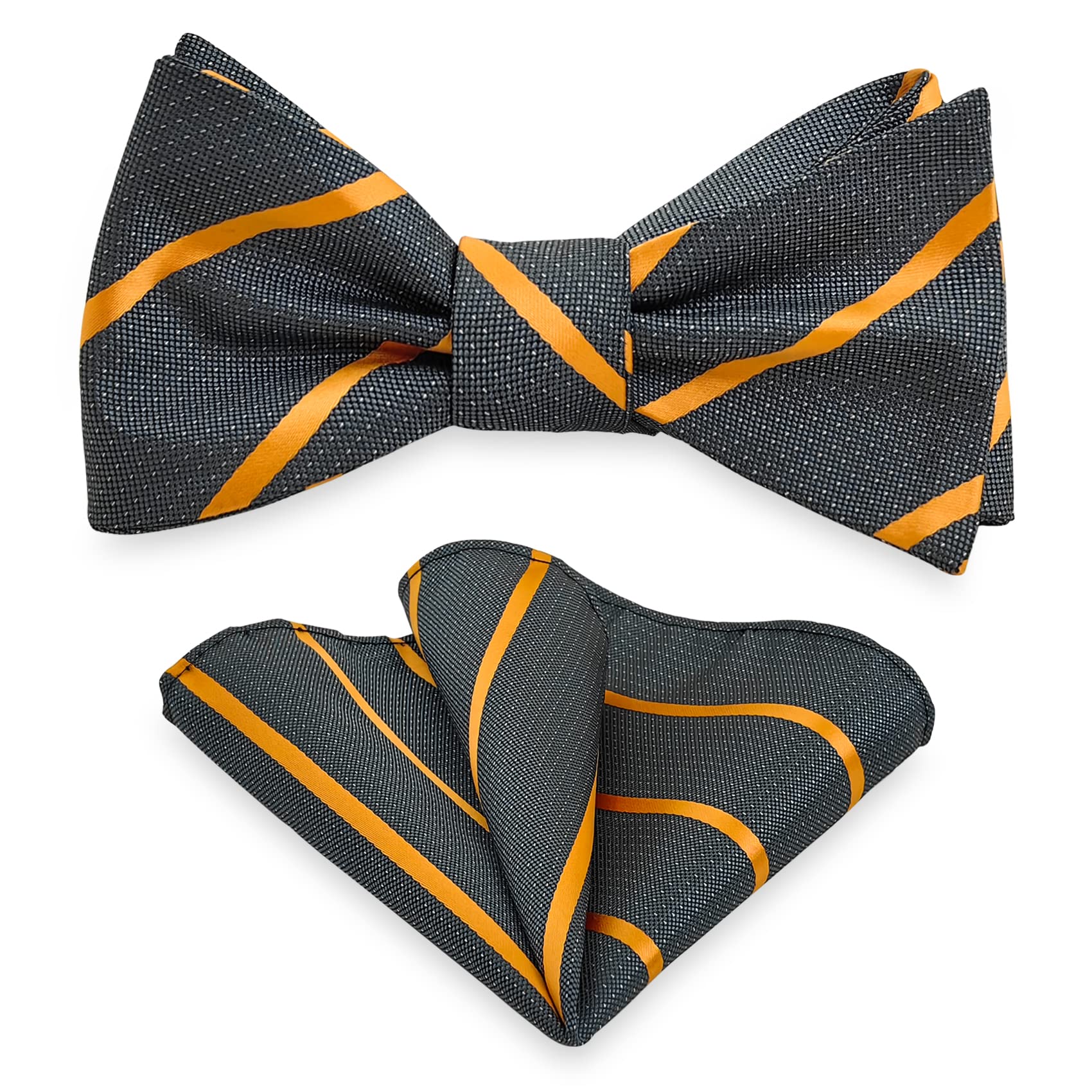 Mens Bow Tie Pocket Square Set, Boy & Men Bowtie with Handkerchief For Formal Tuxedo & Wedding Party & Homecoming M-S-SB2, Black With Orange Striped, One size