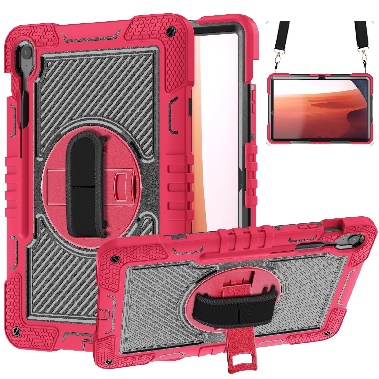 Custodia protettiva antiurto per Samsung Galaxy Tab S10 FE+/S10 FE Plus 13" 2025, custodia protettiva antiurto con cinturino da polso e tracolla, custodia in silicone stabile con cavalletto (rosso +