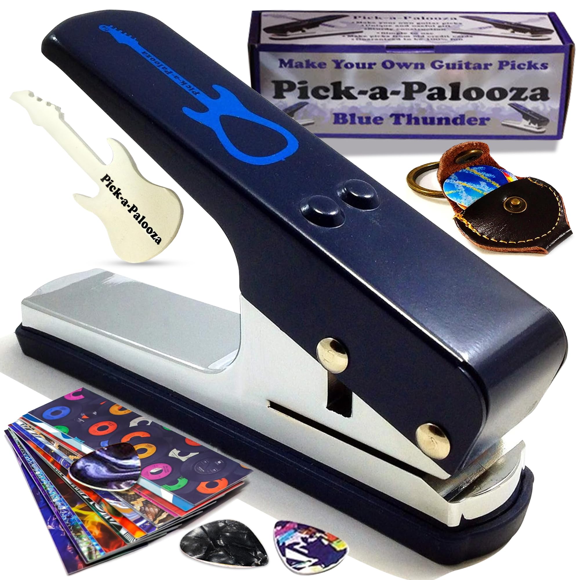 Púas de guitarra DIY Mega Pack de regalo – El fabricante de púas de guitarra premium – Incluye soporte de cuero para llavero, 15 tiras de púas y un archivo de púas, perforador azul,