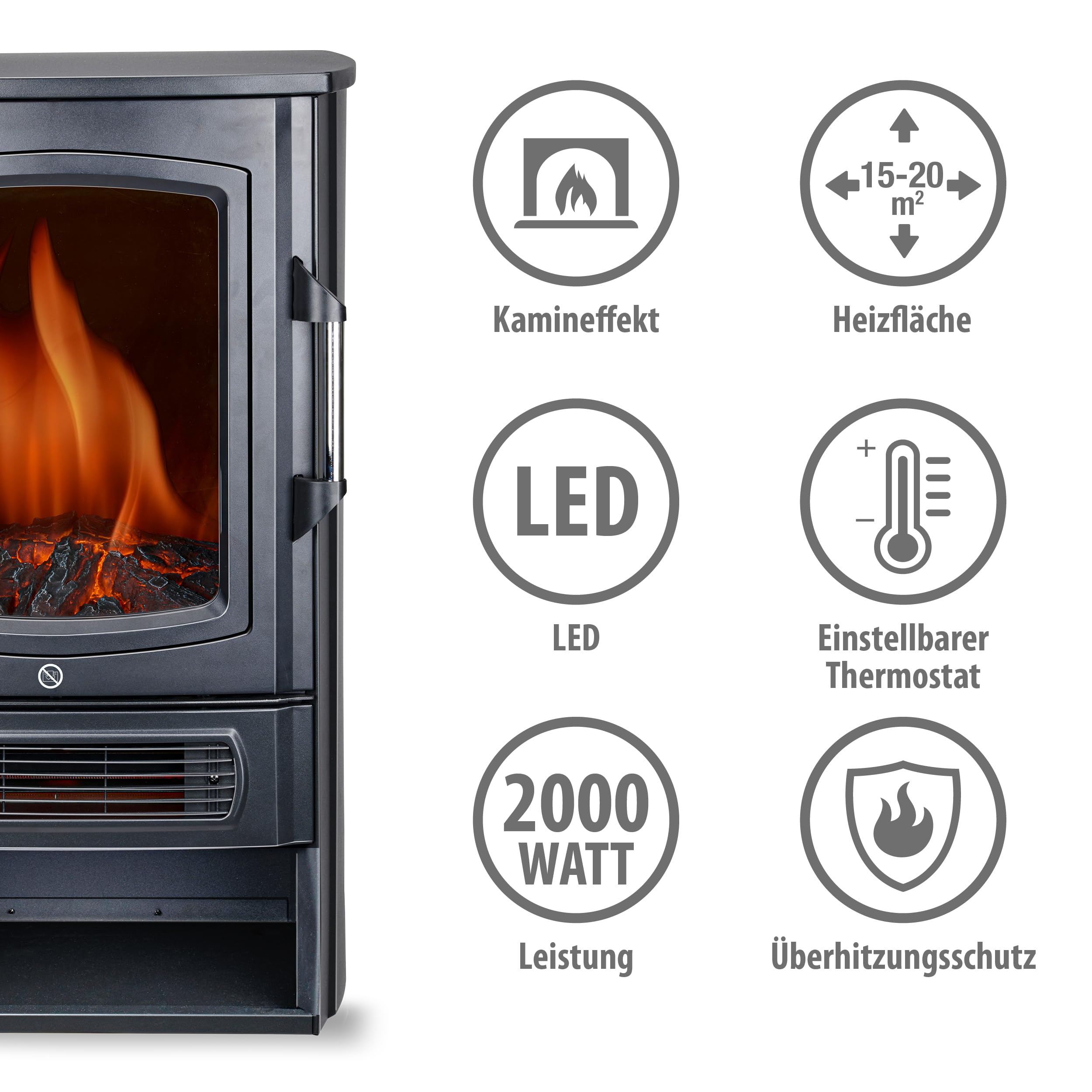 alpina Helsinki ND-183 kominek elektryczny z ogrzewaniem i ogniem kominkowym, z ogrzewaniem, efekt płomienia LED, regulowany termostat 1000 W, 2000 W, przewód zasilający 1,5 m, metal, czarny