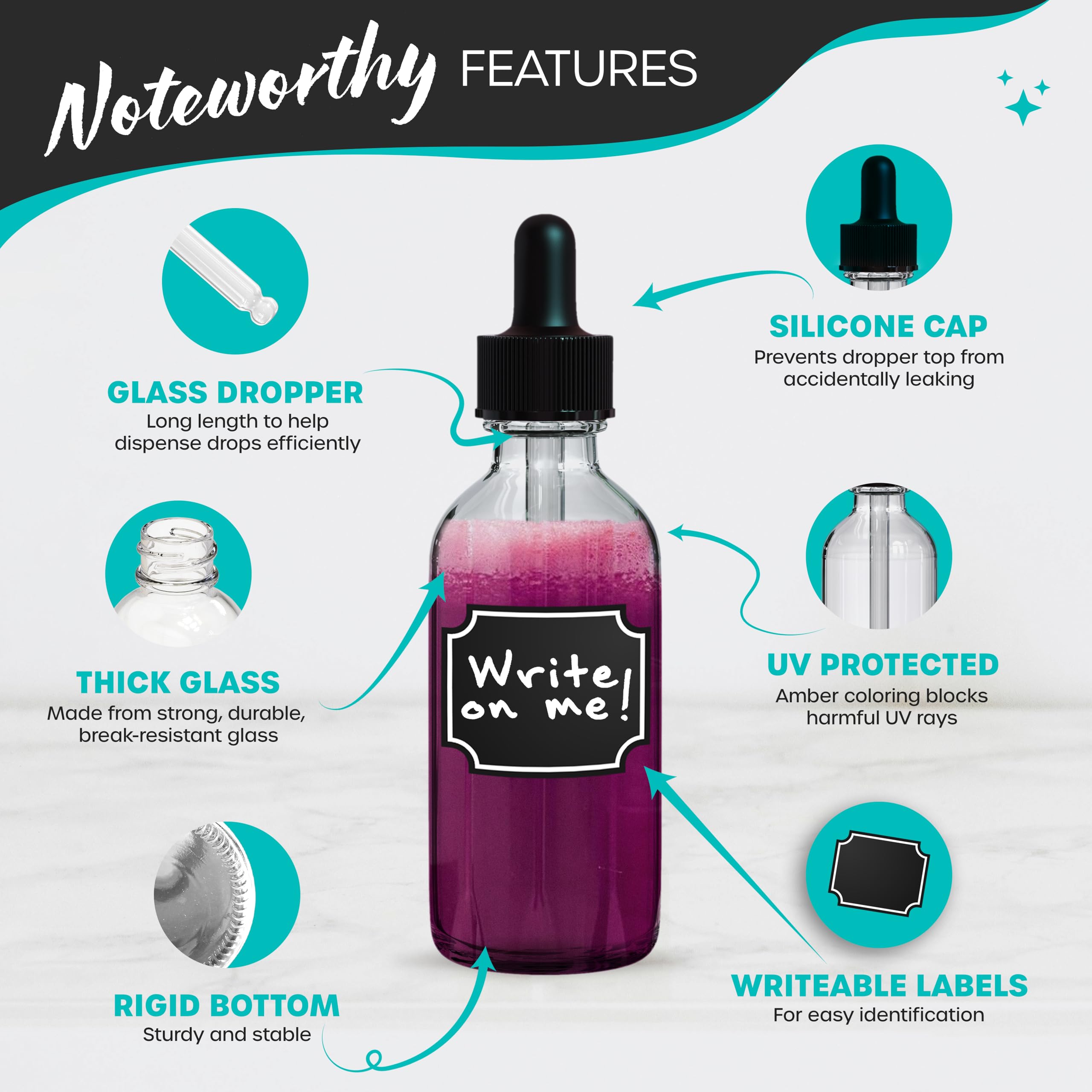 Nevlers 48 Stück transparente Öl-Tropfflaschen, 57 ml, die kleine Glasflasche mit Pipette enthält Pipetten für Öle, Trichter, Pinsel und Marker mit Etiketten, auslaufsichere Glas-Augentropfflasche