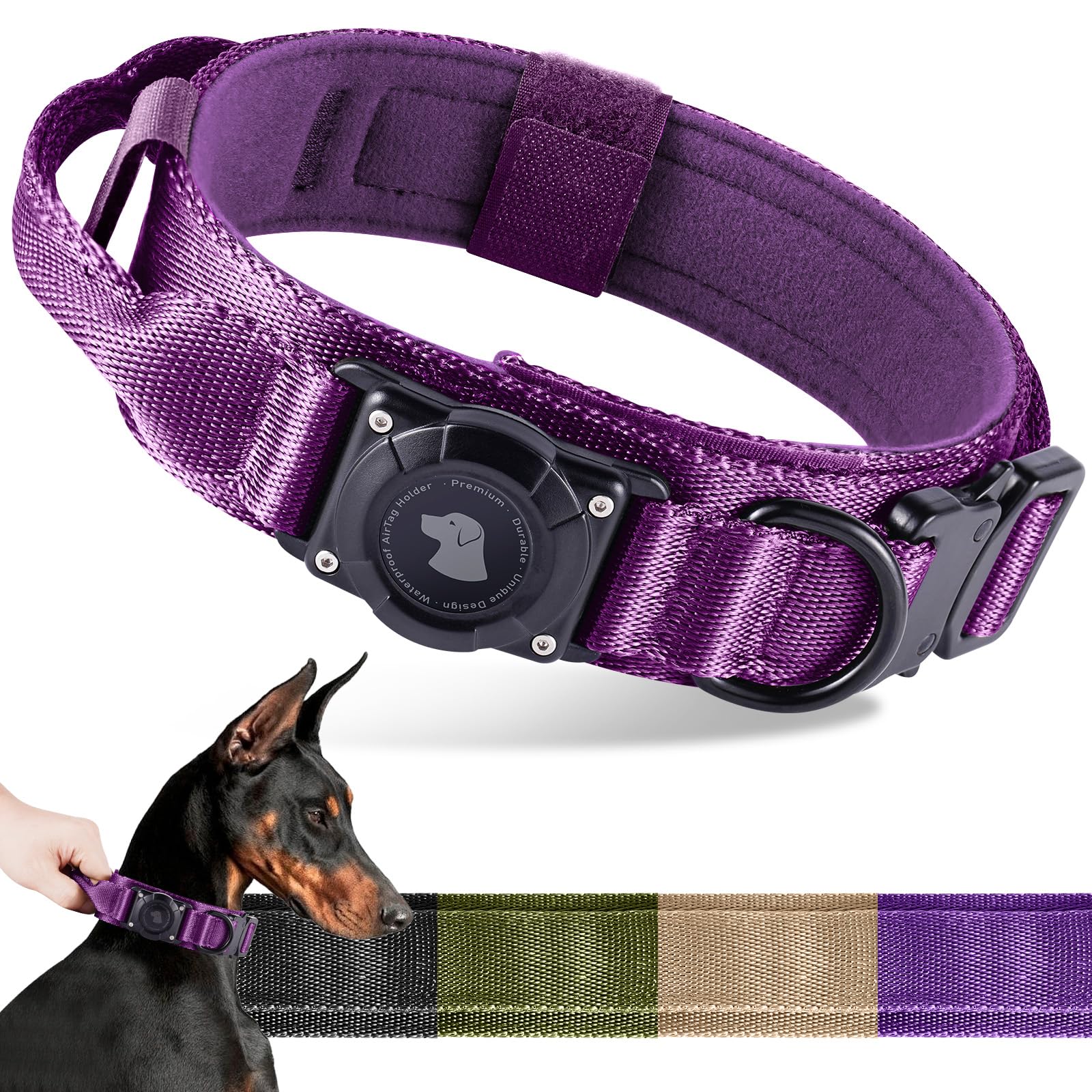 2025 Upgrade Waterproof AirTag Dog Collar, Military Tactical Dog Collar with AirTag Holder, Comfortable Control Handle and Metal Buckle, GPS Dog
