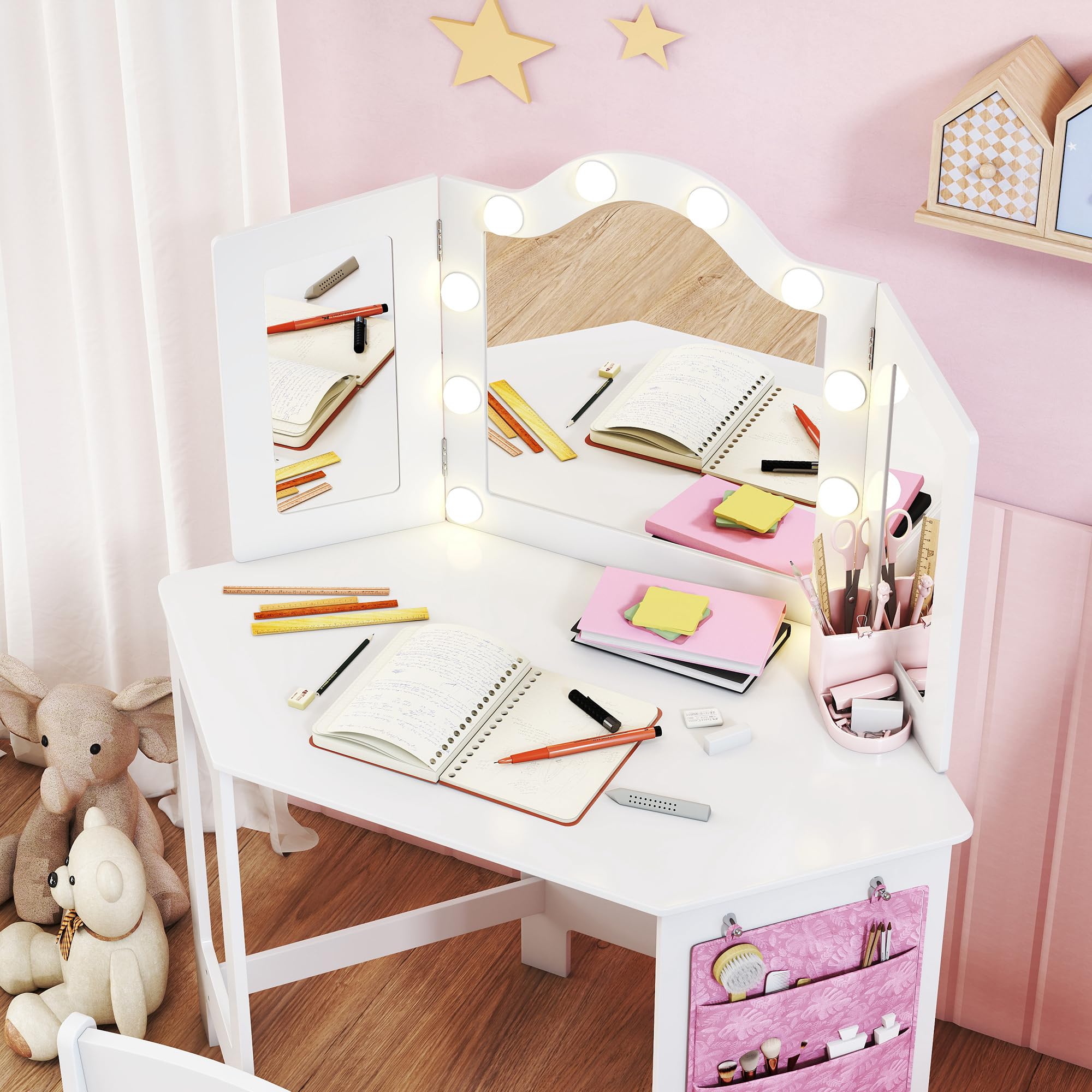 AIYAPLAY Coiffeuse Enfant 2 en 1 avec Tabouret, Bureau Fille avec Miroir triptyque et lumières LED Bicolores, Pochette de Rangement latérale, Table de Maquillage pour Enfants de 3 à 8 Ans, Blanc