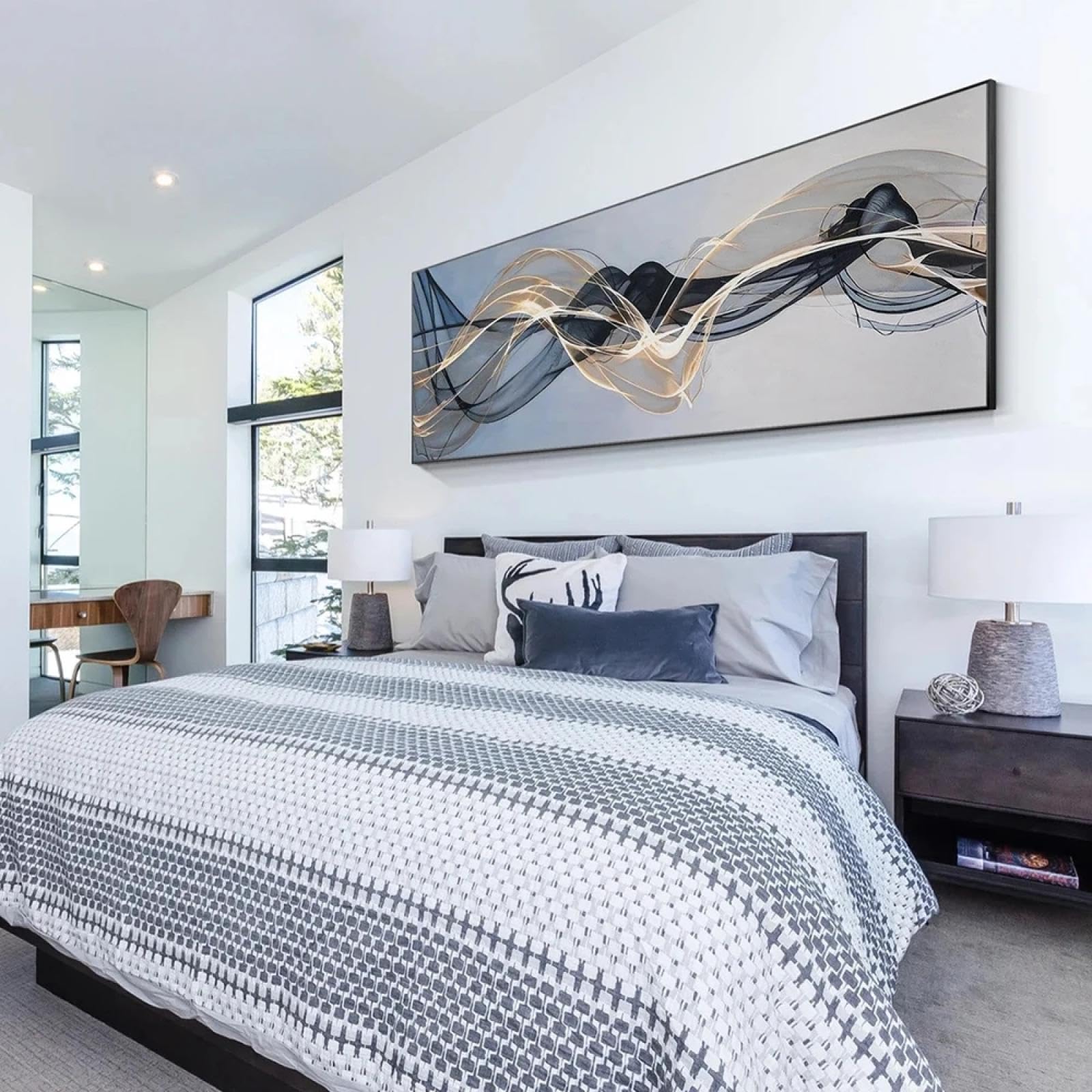 BHTMOI Quadro su tela astratto grigio oro nastro nero dipinto su tela lungo poster di grandi dimensioni per soggiorno moderno arredamento camera da letto 60x180 cm (23,6x70,8 pollici) senza cornice