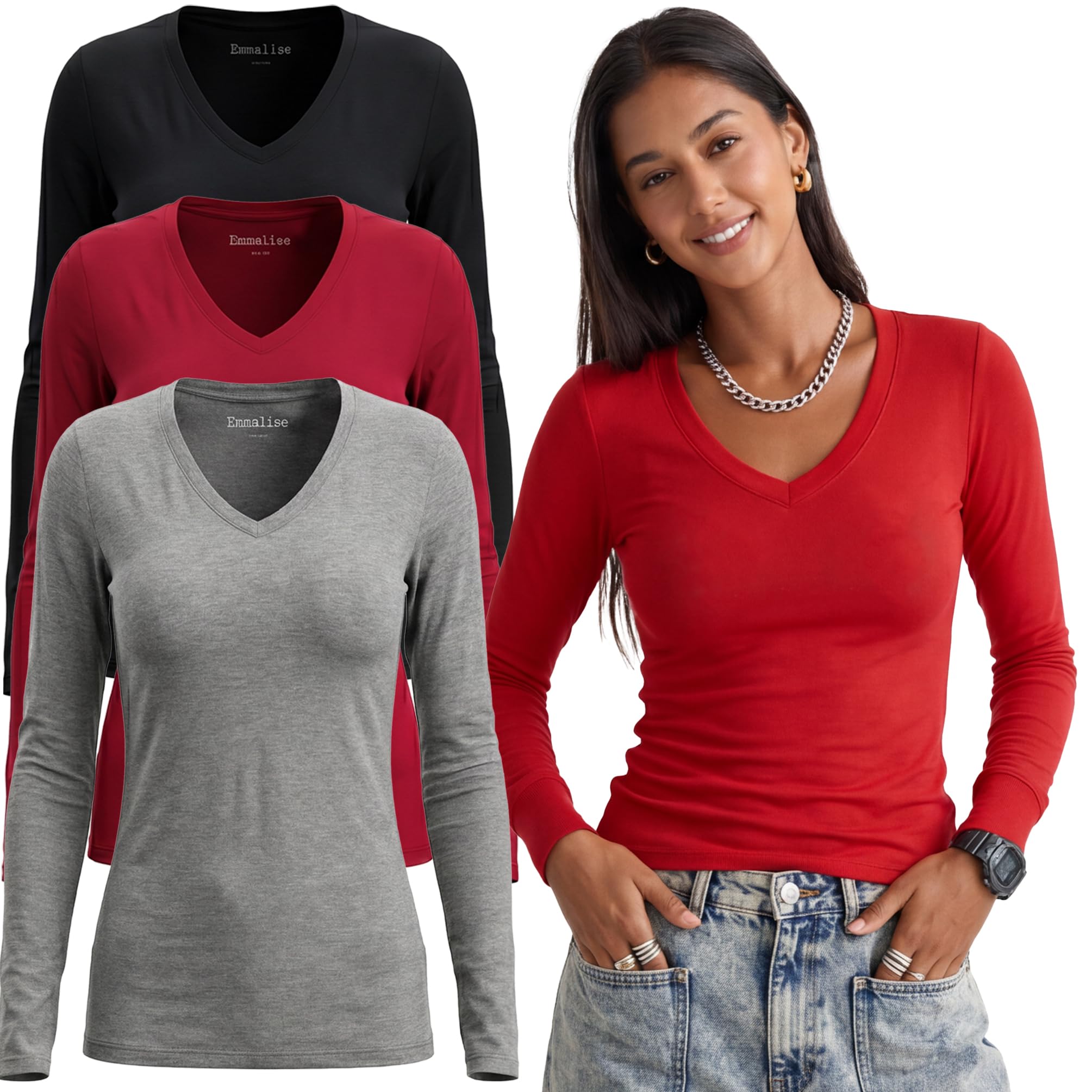 Emmalise - Camiseta de Manga Larga con Cuello en V para Mujer Junior y Talla Grande