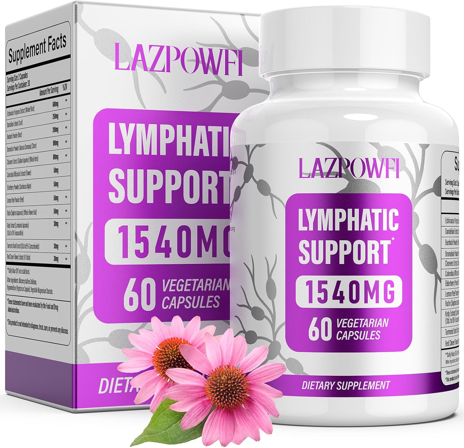 Lymphatic Drainage Supplements, 1540mg Lymph System Support Supplement for Women & Men with Dandelion, Burdock, Echinacea,Rutin, Turmeric,Cleavers & More, 60 Capsules