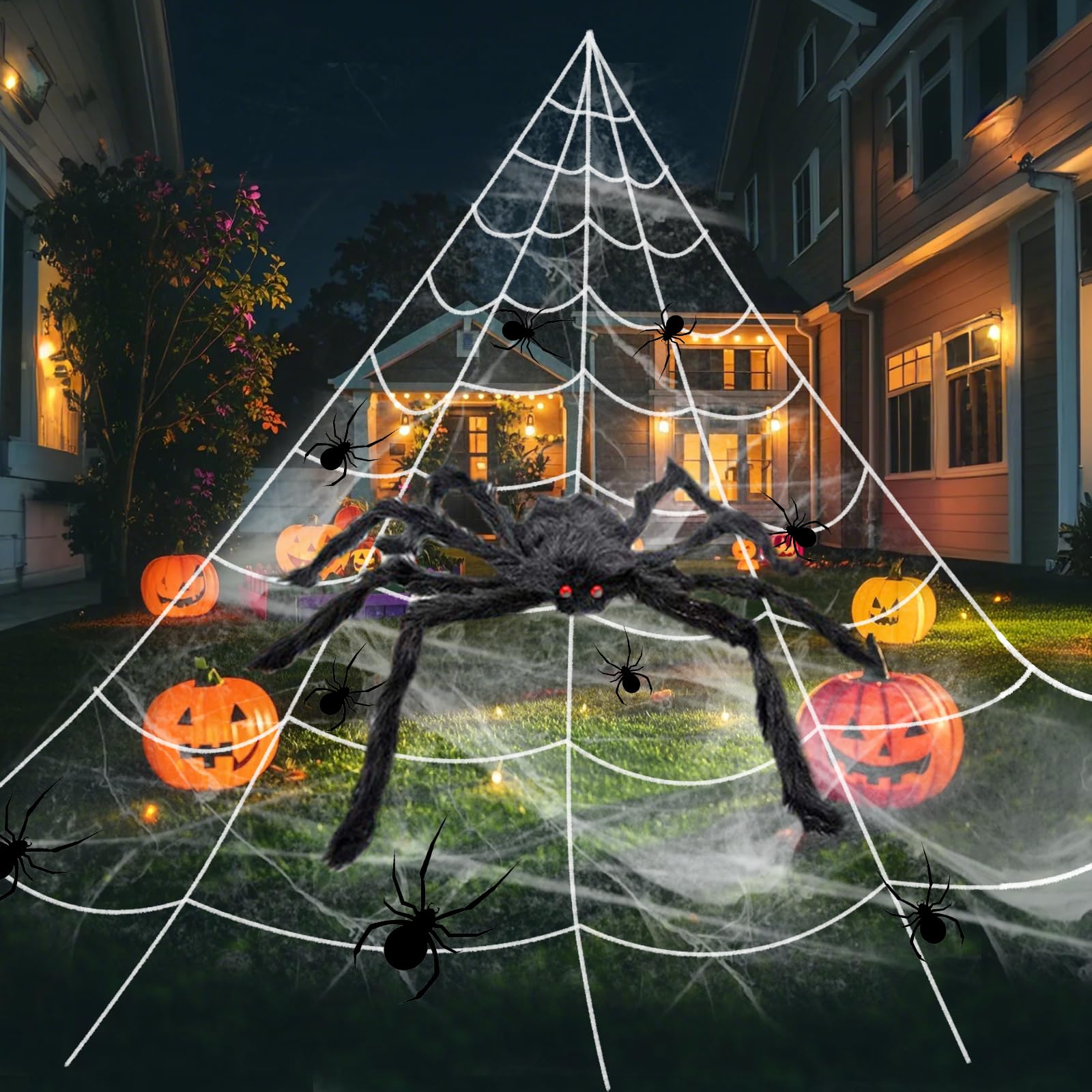Oxnshejw Black Halloween Spider Web Decorations, 1Pcs 50" Giant Spider 200" Triangular Spider Web 20Pcs Plastic Spiders, Large Hairy Spider Set Halloween Spider For Outdoor Indoor Porch Party (Black)