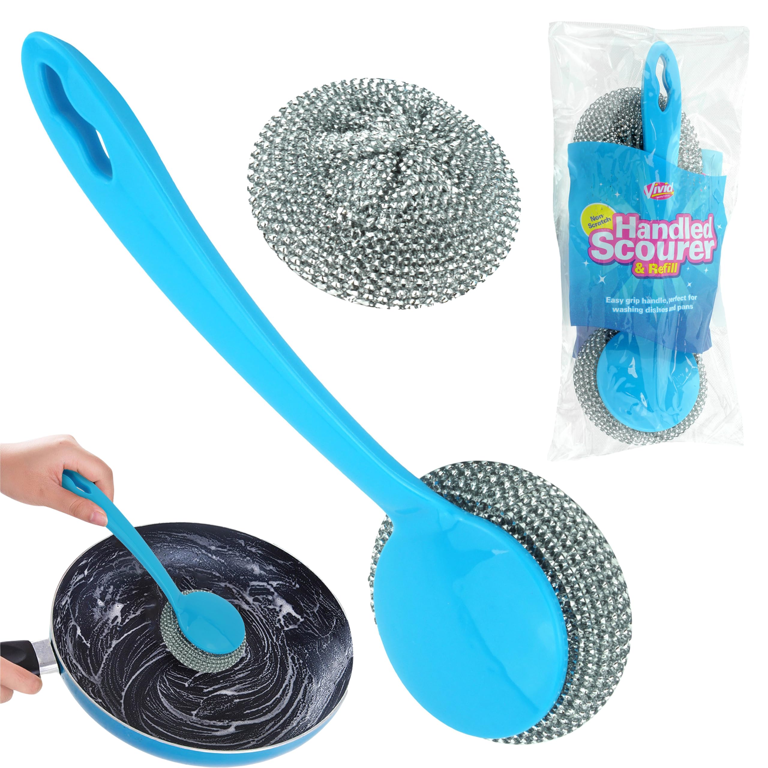 Long Handle Washing Up Scourer Set – Non-Scratch Wire Dish Brush with Refill Steel Scrub Pads for Pots Pans Grills – Stainless Steel Cleaning Scourers with Handle - 23cm
