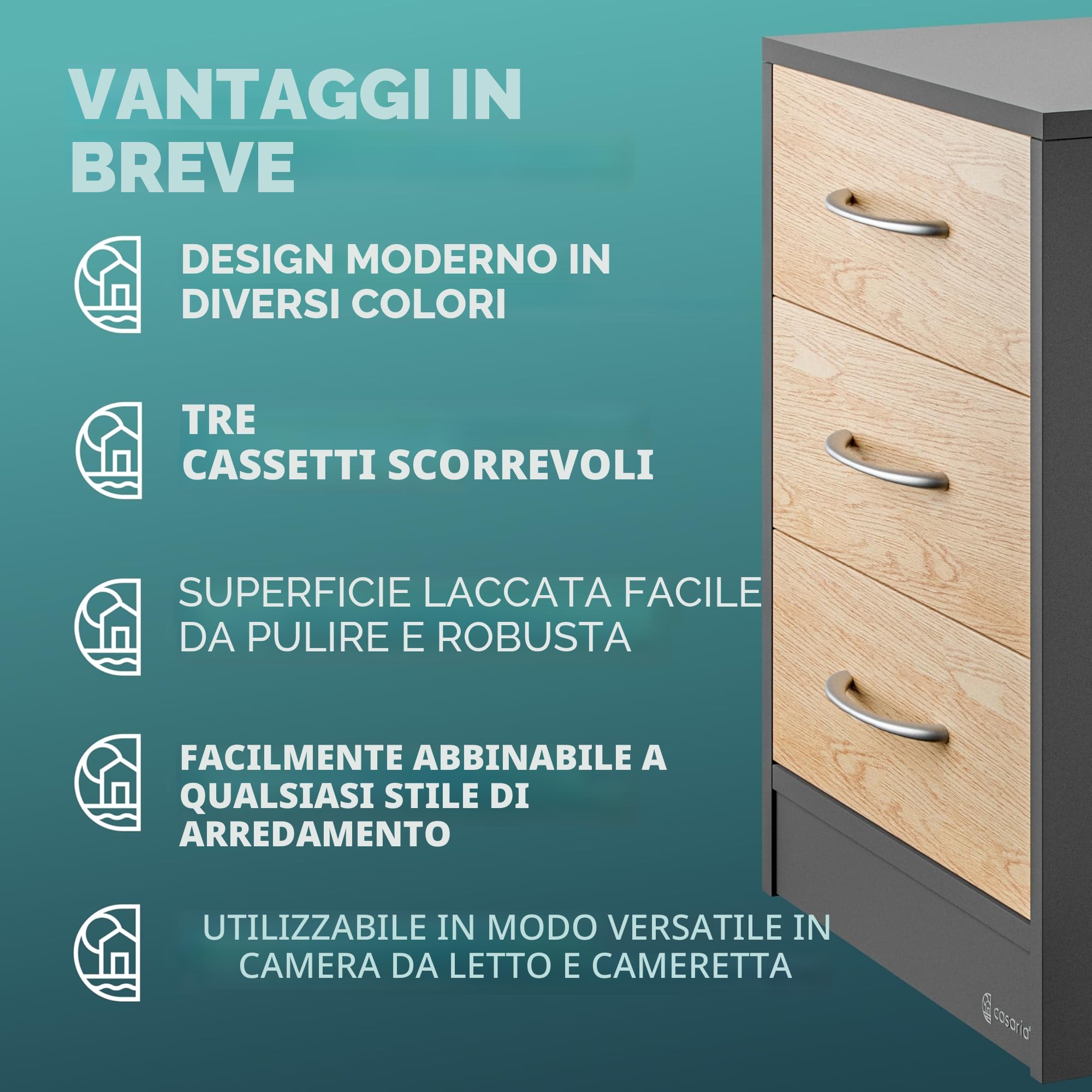 Casaria® Comodino Set da 2 54x39x28cm in Legno 3 Cassetti Camera Letto Tavolino da Notte Comodini Antracite