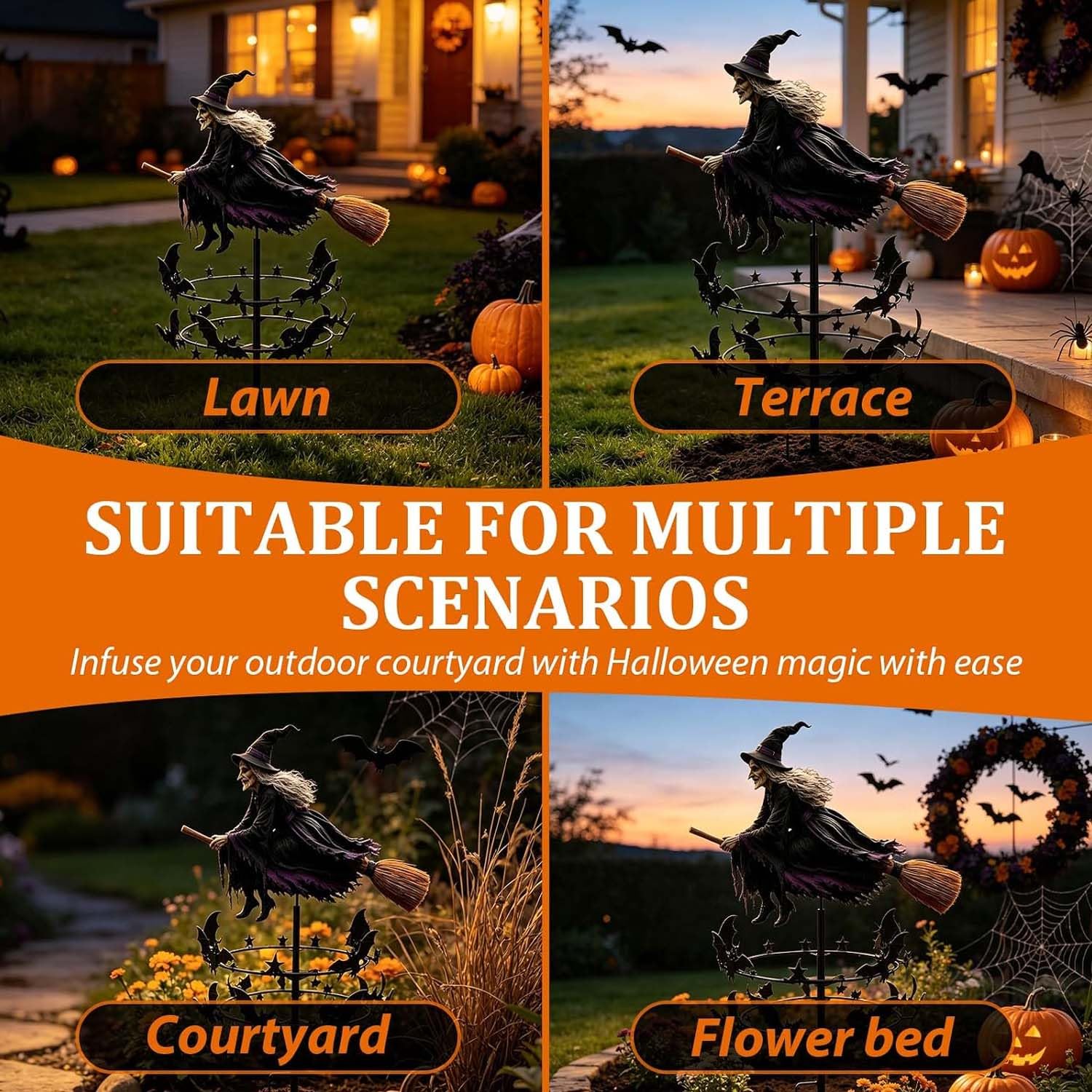 Encantador Molinillo Viento JardíN con Bruja Voladora Y MurciéLago，2 PCS | DecoracióN Halloween Metal Clavar El Suelo,Arte GóTico Exteriores,DecoracióN OtoñAl Para CéSped,Patio O Camino