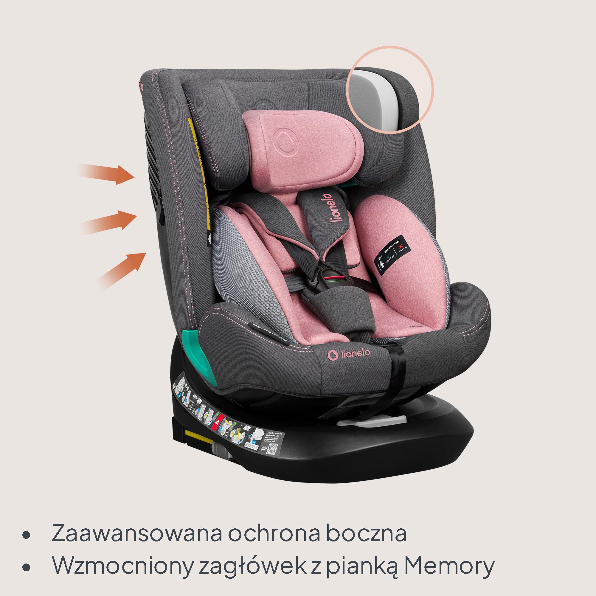 LIONELO Bastiaan i-Size Fotelik Samochodowy Obrotowy 360o dla Dzieci 0-36kg od 40-150 cm, Montaż Przodem i Tyłem, ISOFIX Pas TopTether, Pełna Regulacja Ochrona Boczna