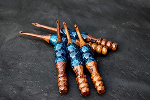 Miniatura 5 de Ganchos de ganchillo hechos a mano de resina epoxi y mezcla de madera, agujas ergonómicas de mango suave, tejido de punto, hilo artesanal de
