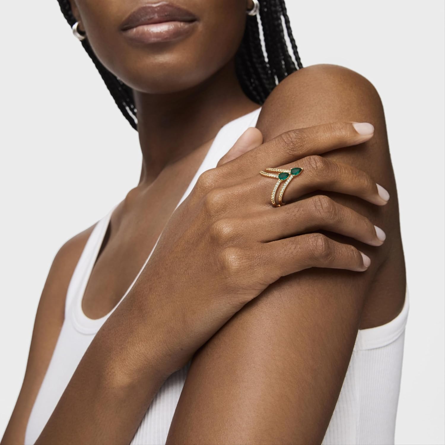 VACRONA Gold Simulated Emerald Ring for Women 14K Gold Plated CZ Emerald Teardrop Floral Minimalist Stack Finger Band Hypoallergenic Jewelry Size 6-8 - Image 4