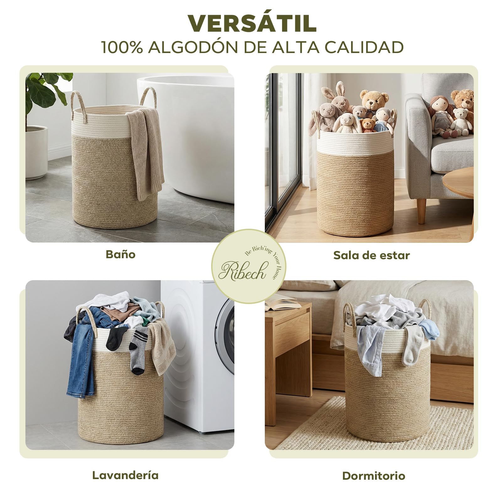 Cesta para Ropa en Cuerda Trenzada, 58L Gran Cesta de Almacenamiento – Dos Tostados Marrón & Blanco, con Asas para Dormitorio, Salón & Cuarto Infantil (38x38x50 cm)